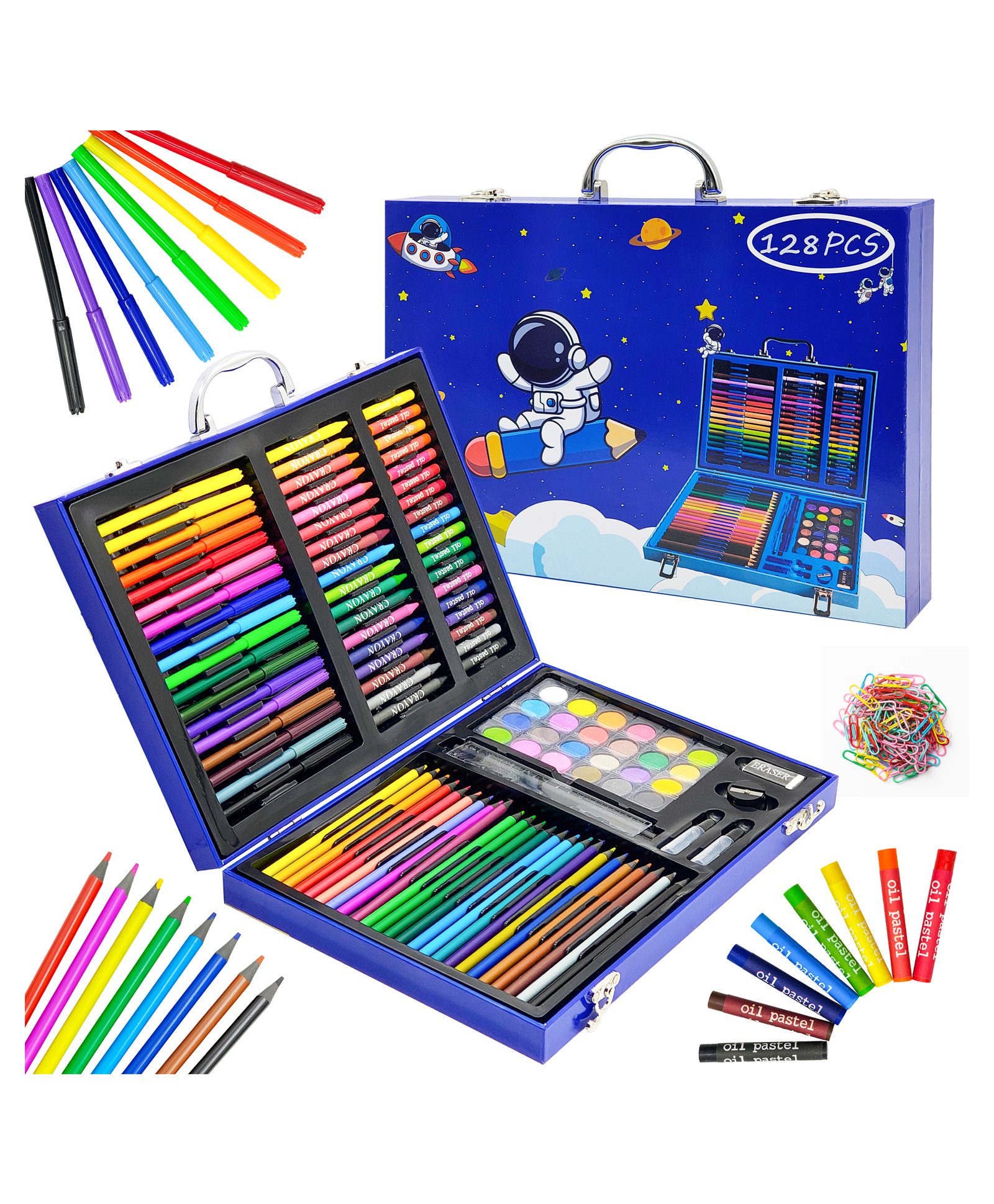 VGRASSP Space Theme 128 Pcs Drawing And Painting Kit For Kids - Complete Art Set With Oil Pastels, Crayons Watercolors Colored Pencils And More - School Stationery Gift - Color May Vary-picture-12