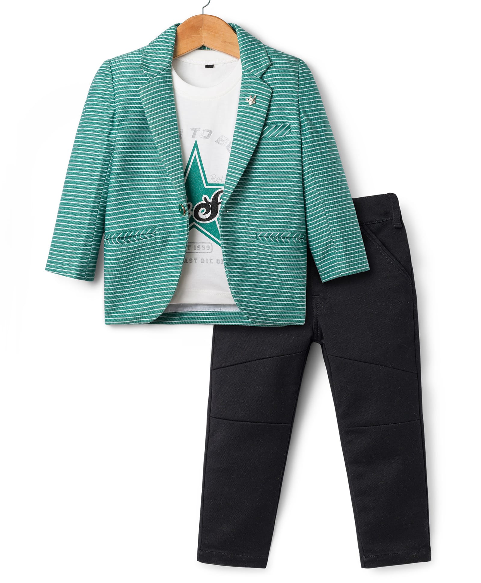 Dapper Dudes Full Sleeves Striped Blazer With Typography Printed Tee & Pant Set - Green-picture-14