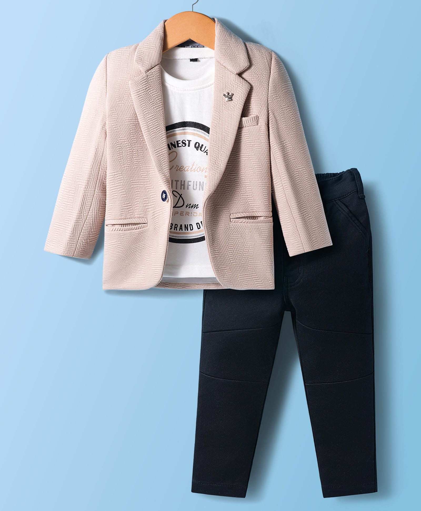 Dapper Dudes Full Sleeves Solid Blazer With Typography Printed Tee & Pant Set - Fawn-picture-17