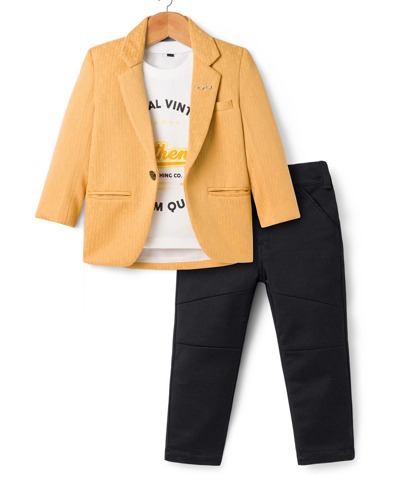 Dapper Dudes Full Sleeves Textured Blazer With Typography Printed Tee & Pant Set - Mustard-image-19