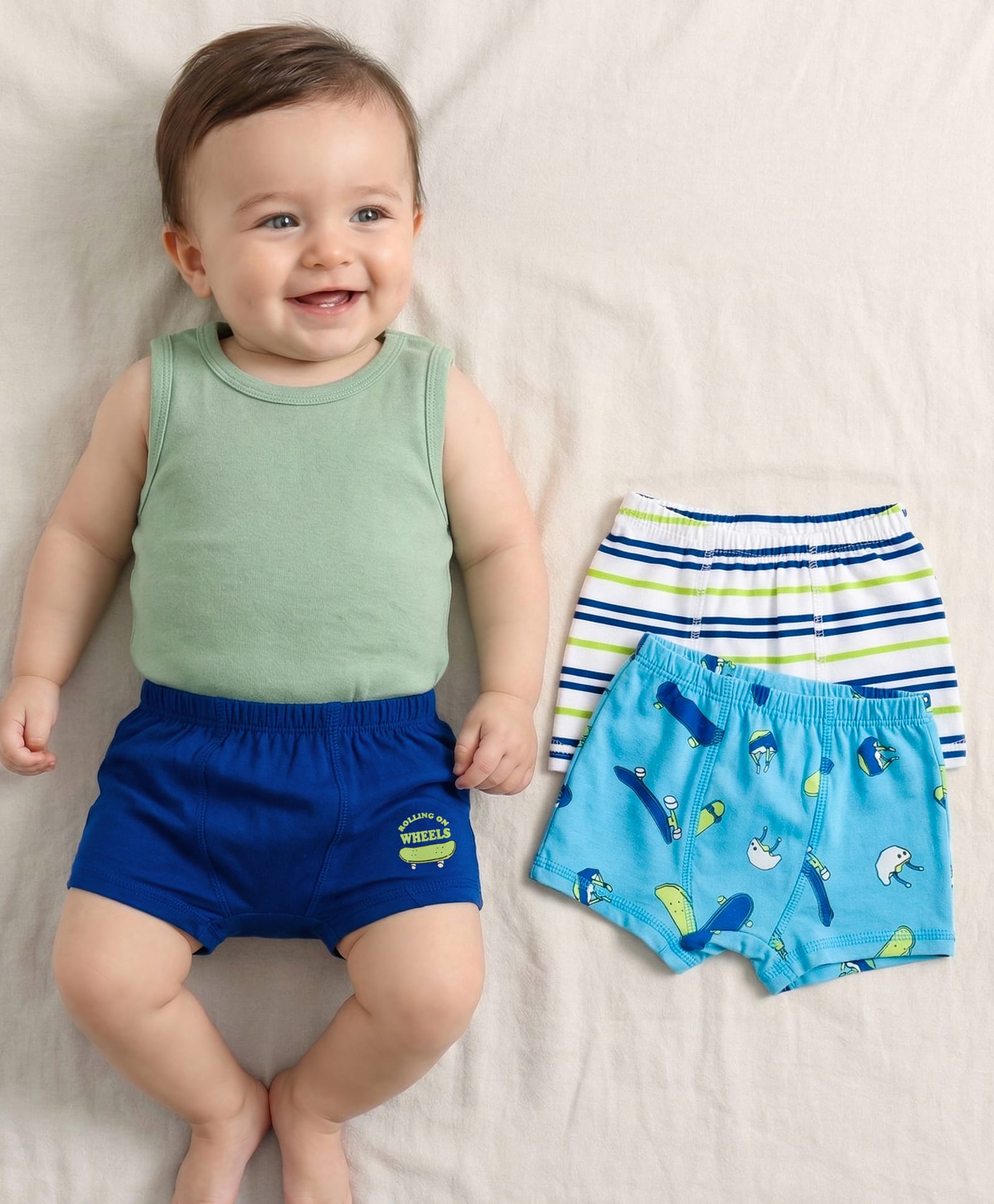 Babyoye Elastane Knit Briefs Striped & Skateboard Print Pack of 3 - Blue & White-image-31