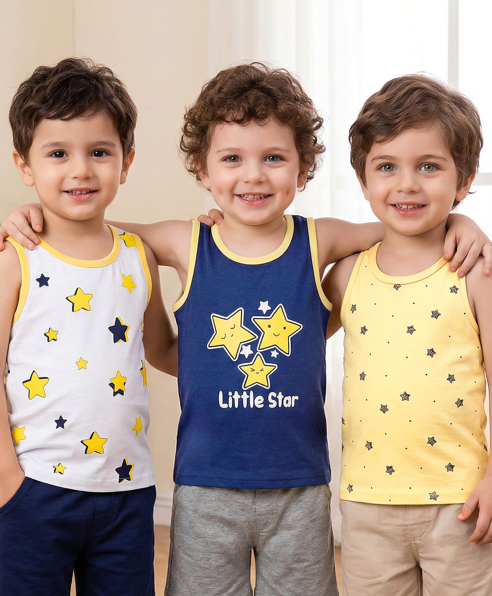Babyoye Cotton Lycra Knit Sleeveless Vests with Star Print Pack of 3 - Navy Blue White & Yellow-image-40