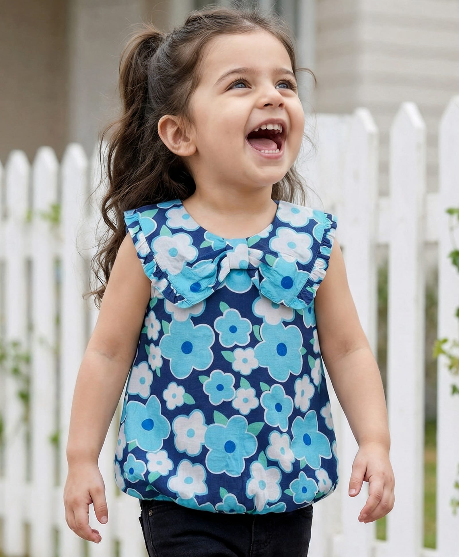 Babyhug Woven Sleeveless Floral Printed Peter Pan Collar Top - Blue-image-2