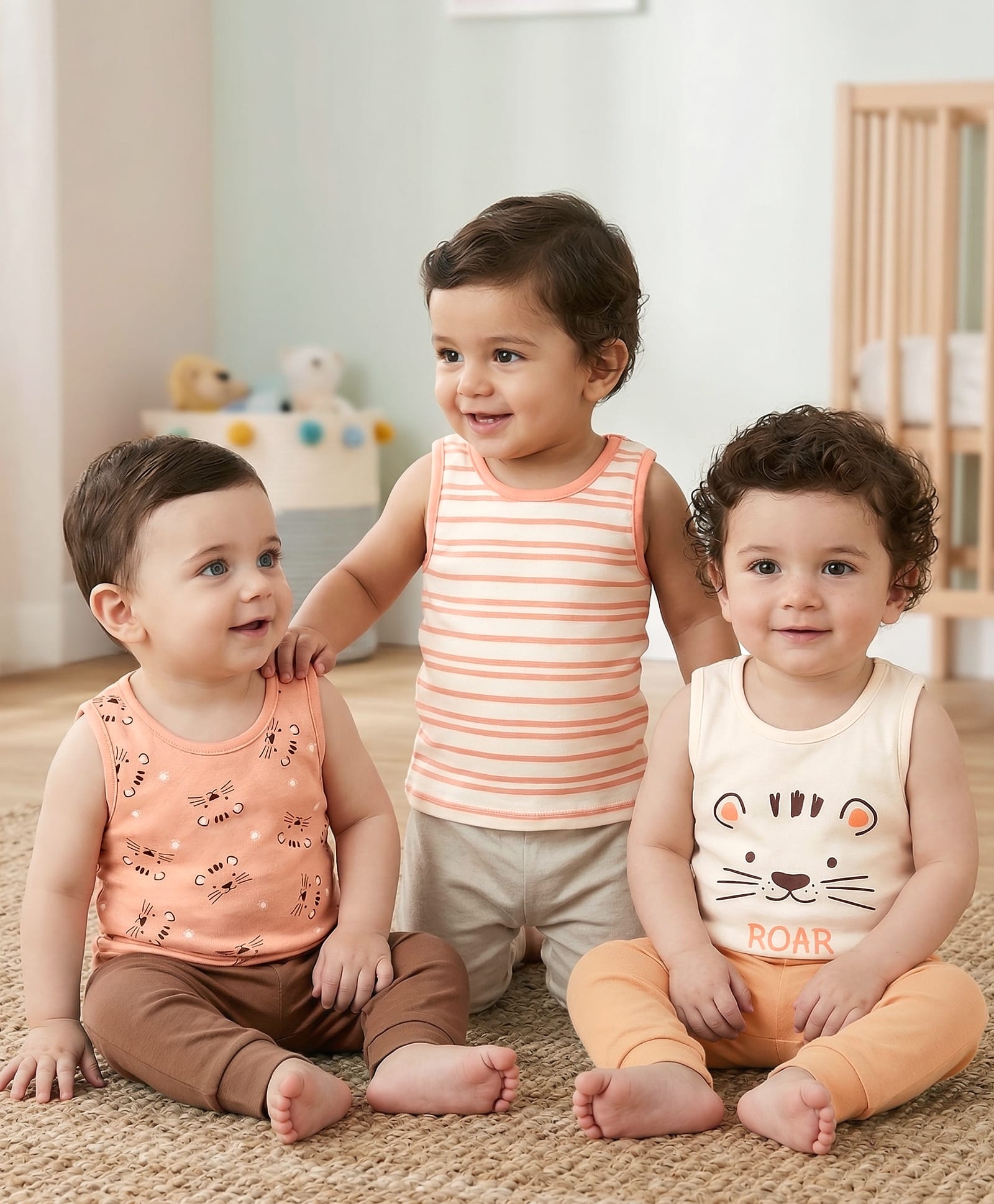 Babyoye Cotton Lycra Knit Sleeveless Vests with Tiger Print & Stripes Pack of 3 - Multicolor-image-13