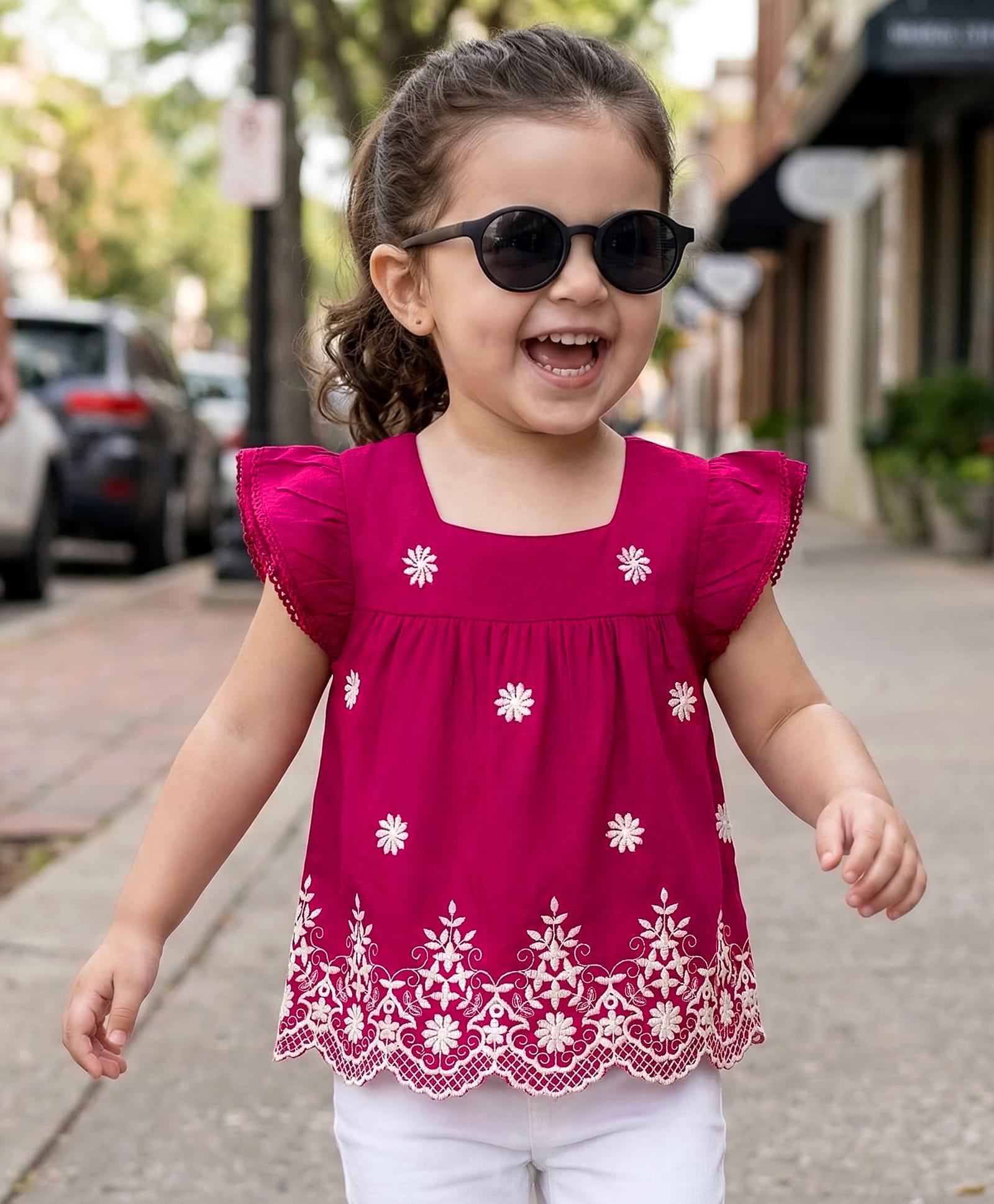Babyhug Woven Half Sleeves Top With Floral Embroidery - Maroon-image-5