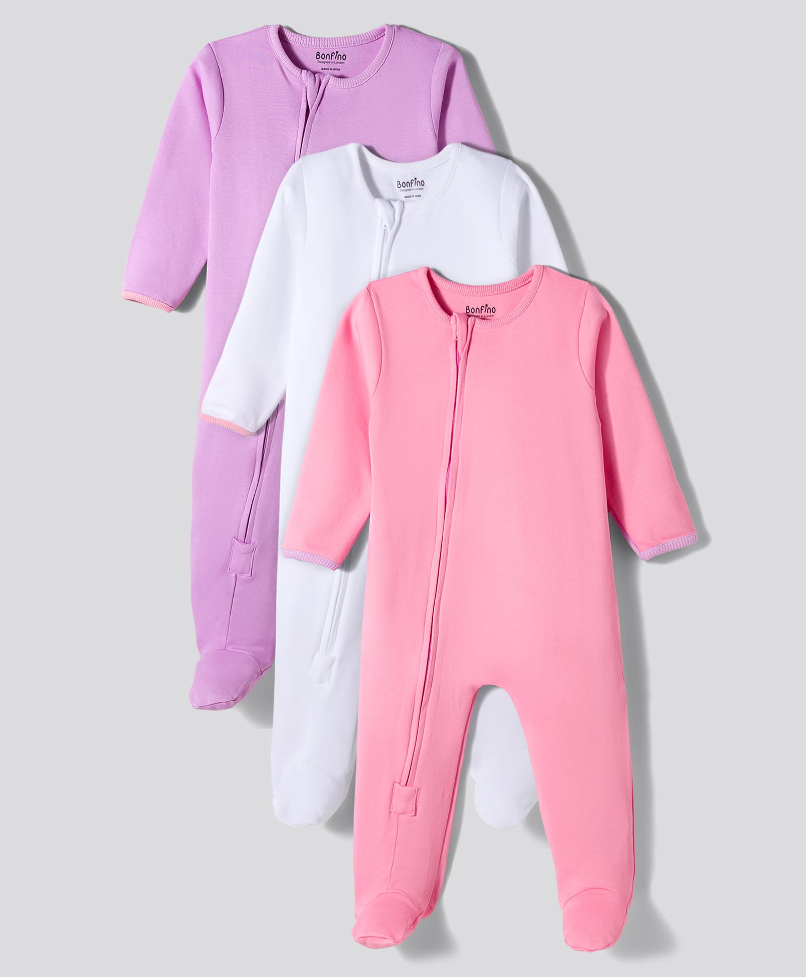 Bonfino 100% Cotton Knit Full Sleeves Solid Colour Footed Sleep Suits Pack of 3 - Pink White & Purple-picture-20