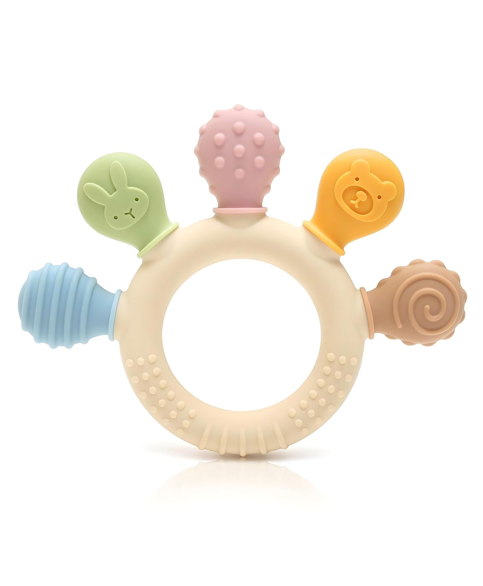 VELLIQUE Baby Teething Toy Silicone Teether Ring with 6 Different Textures BPA-Free Food-Grade Soft Sensory Chewing Toy Infants Toddlers Relief Soothing Gums - Beige Pink & Yellow-image-42