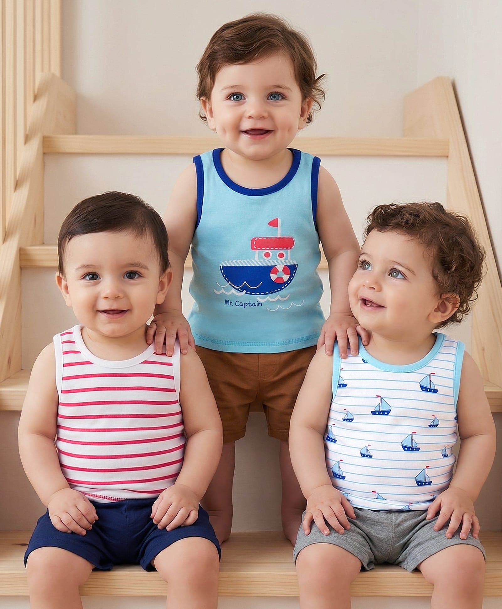 Babyoye Cotton Lycra Knit Sleeveless Striped & Nautical Theme Printed Vests Pack Of 3 - Multicolour-image-36