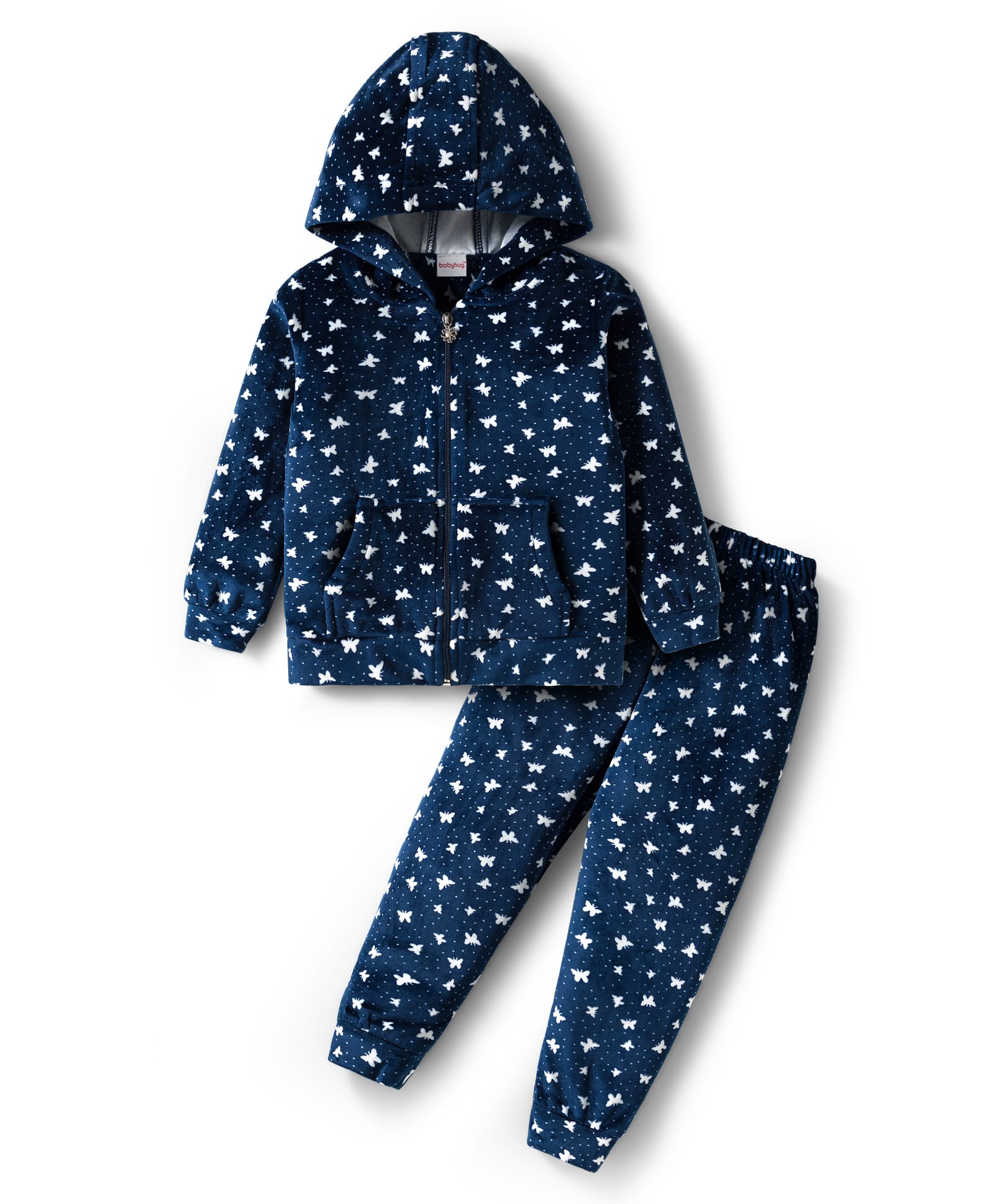 Babyhug Velour Woven Full Sleeves Co-ords Hooded Winter Wear Suit with Butterfly Print - Navy Blue