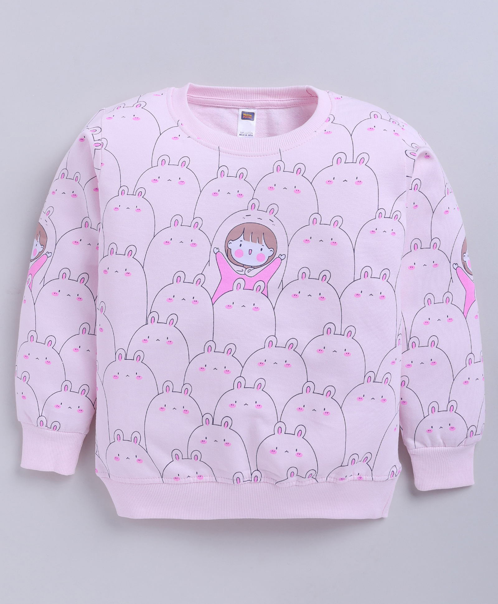 Nottie Planet Cotton Looper Knit Full Sleeves Girl With Bunnies Printed Light Winter Sweatshirt - Pink-picture-17