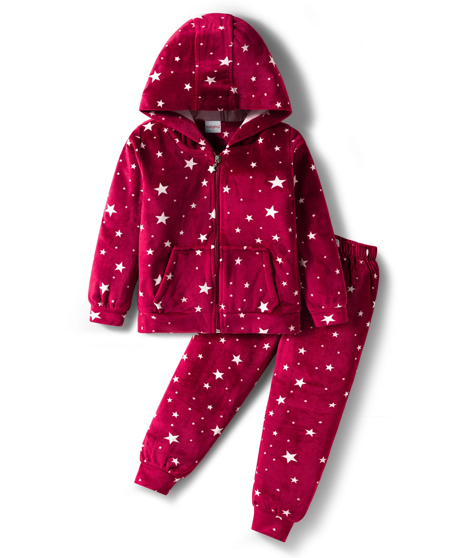 Babyhug Velour Woven Full Sleeves Co-ords Hooded Winter Wear Suit with Star Print - Red-picture-19