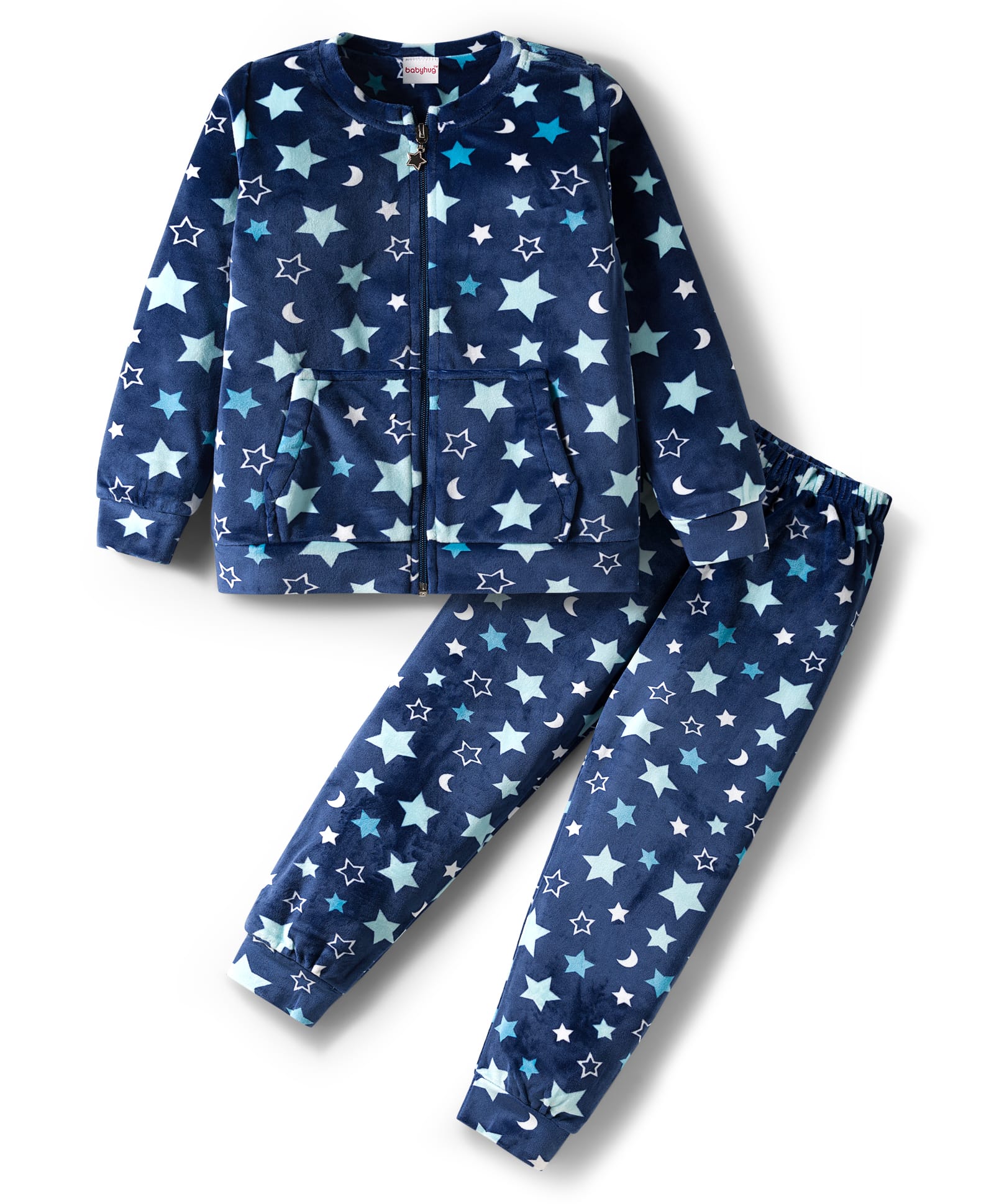 Babyhug Velour Woven Full Sleeves Co-ords Winter Wear Suit with Star Print - Navy Blue-image-38