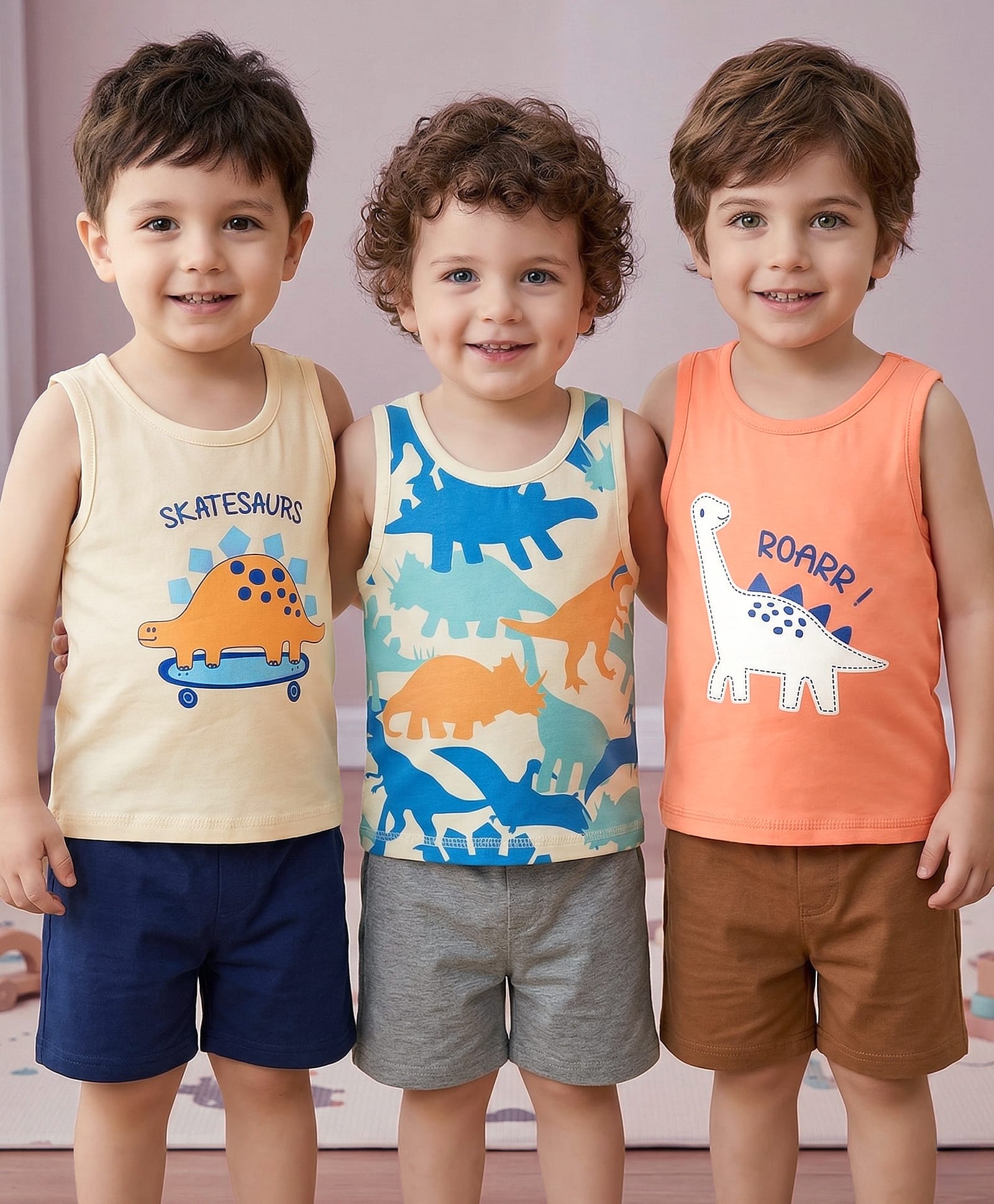Babyoye Elastane Knit Sleeveless Vests With Dino Print Pack of 3 - Multicolor-image-19