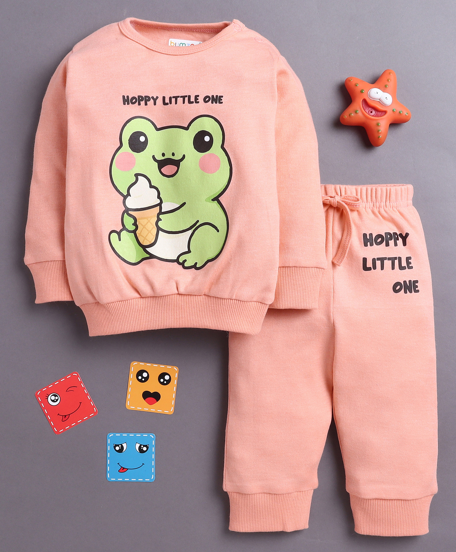 BUMZEE Cotton Knit Full Sleeves Frog Printed Night Suit - Peach-image-23