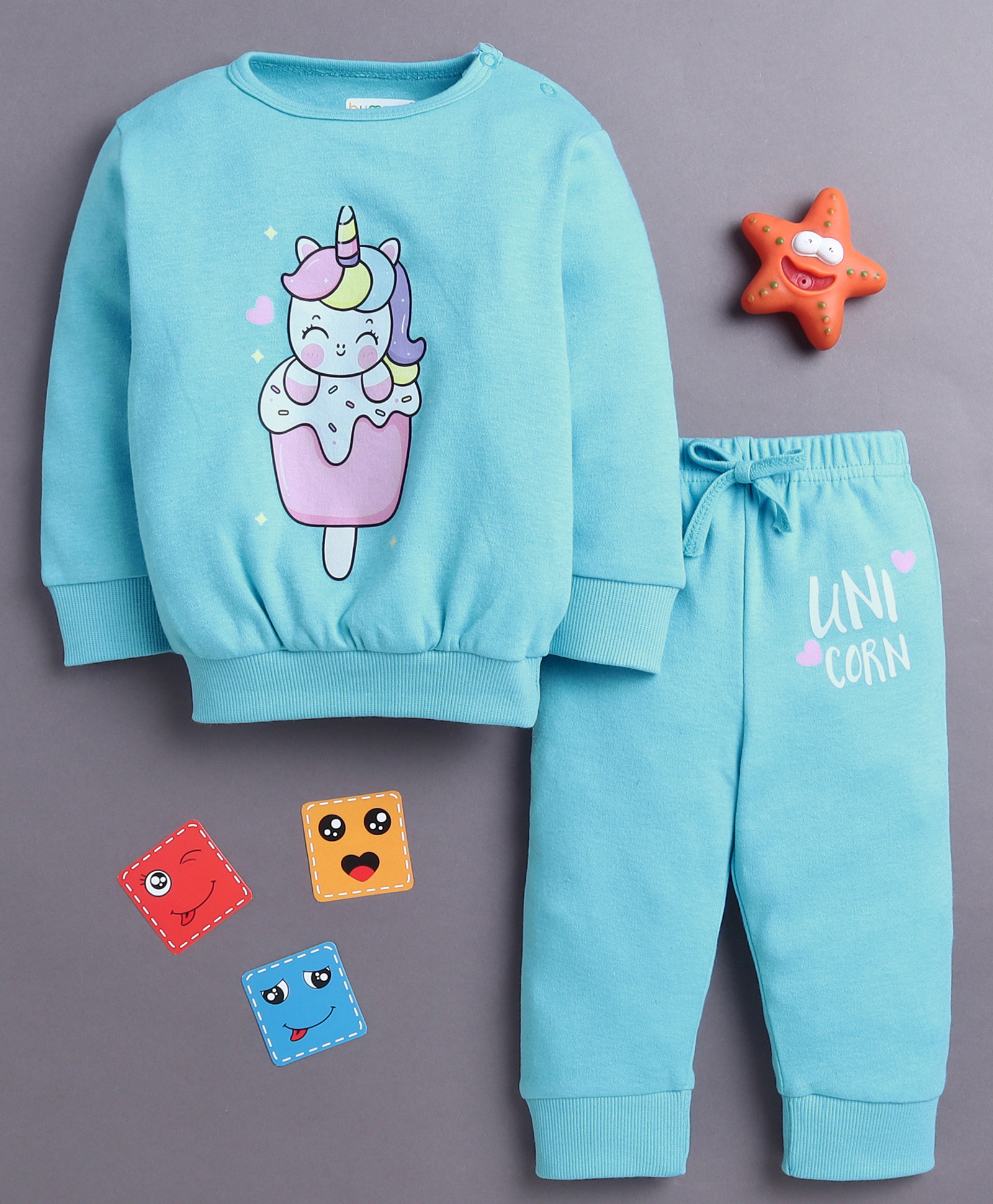 BUMZEE Cotton Knit Full Sleeves Unicorn Printed Night Suit - Light Blue-image-48