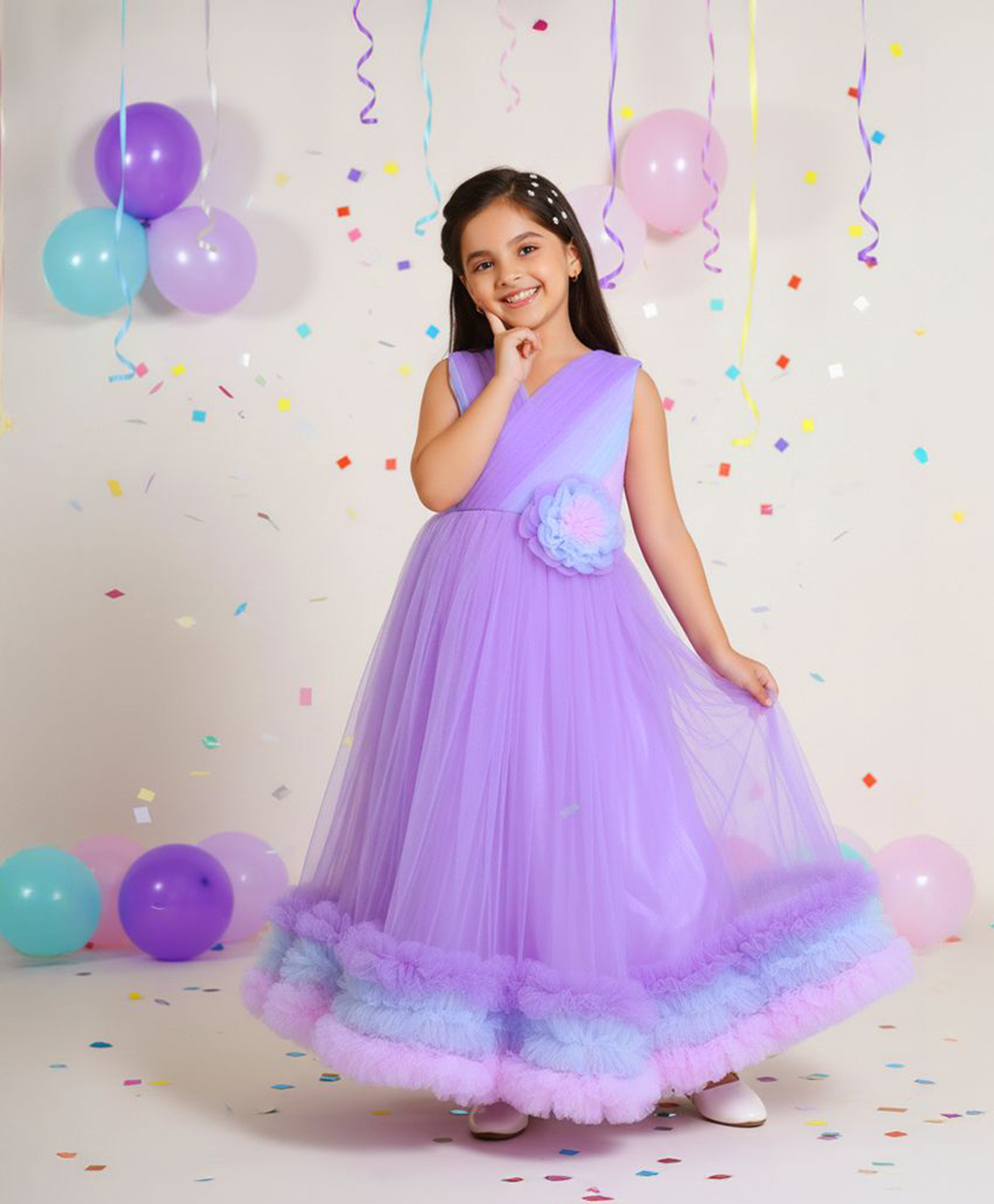Ministitch Mesh Woven Sleeveless Floral Applique & Frilled Bodice Detailed Dress - Lilac-picture-16