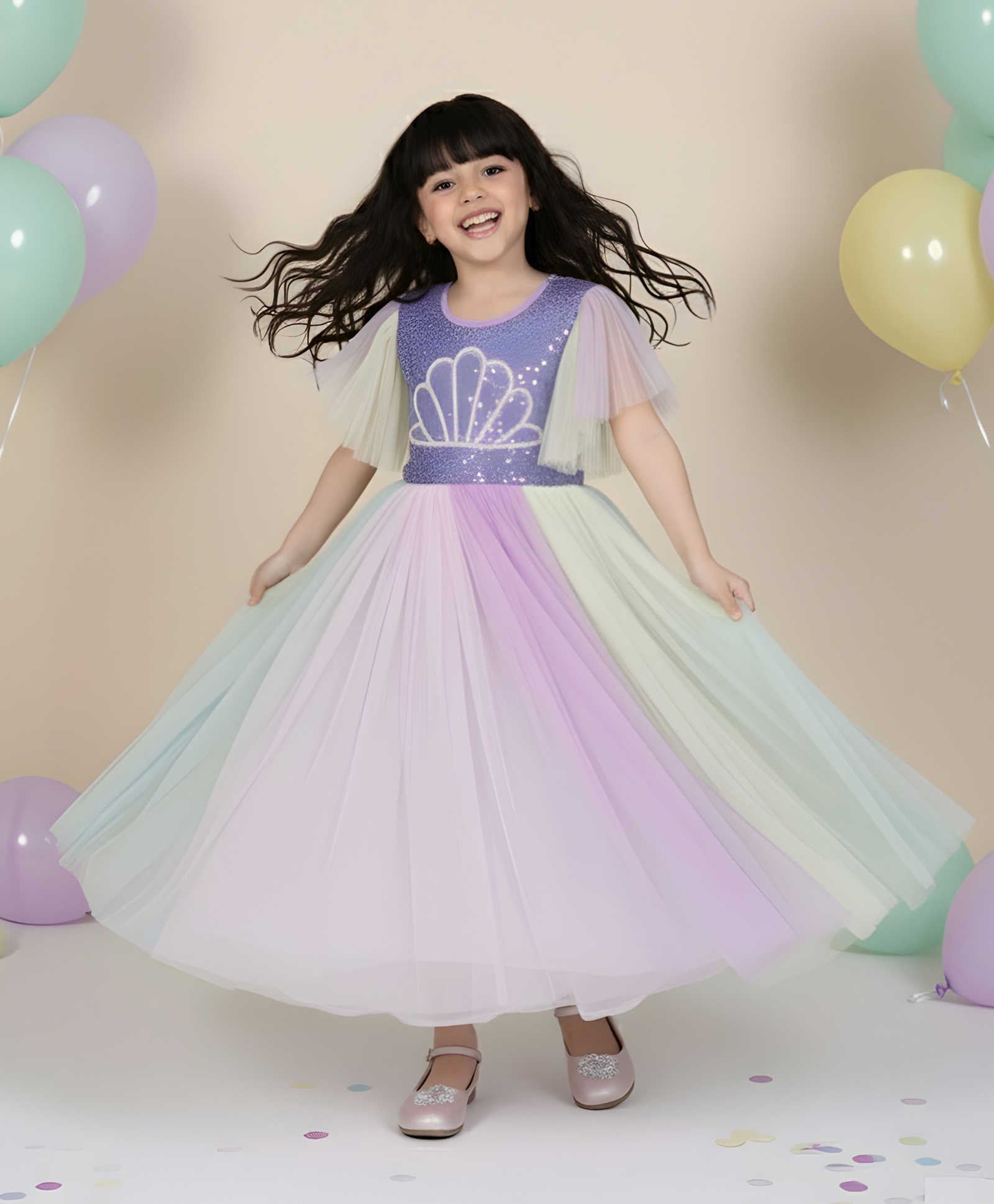 Ministitch Mesh Woven Half Flutter Sleeves Pearl Embellished Clam Designed Dress - Lilac-image-33