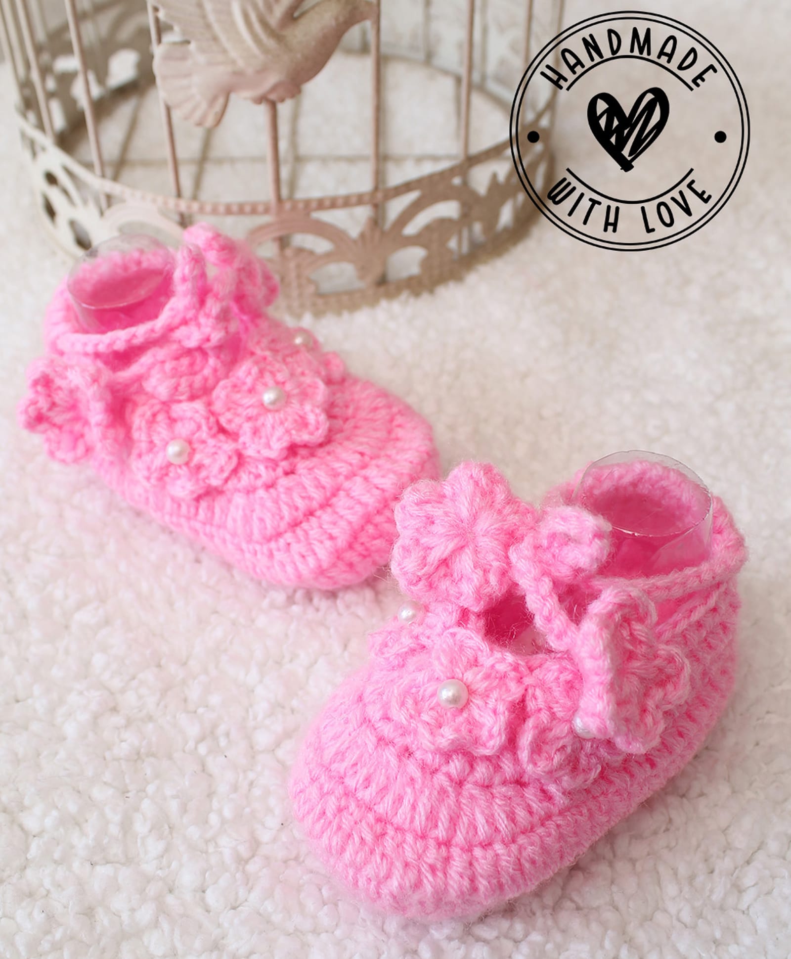 Woonie Hand Knitted Floral Applique Detailed Booties - Pink-picture-32