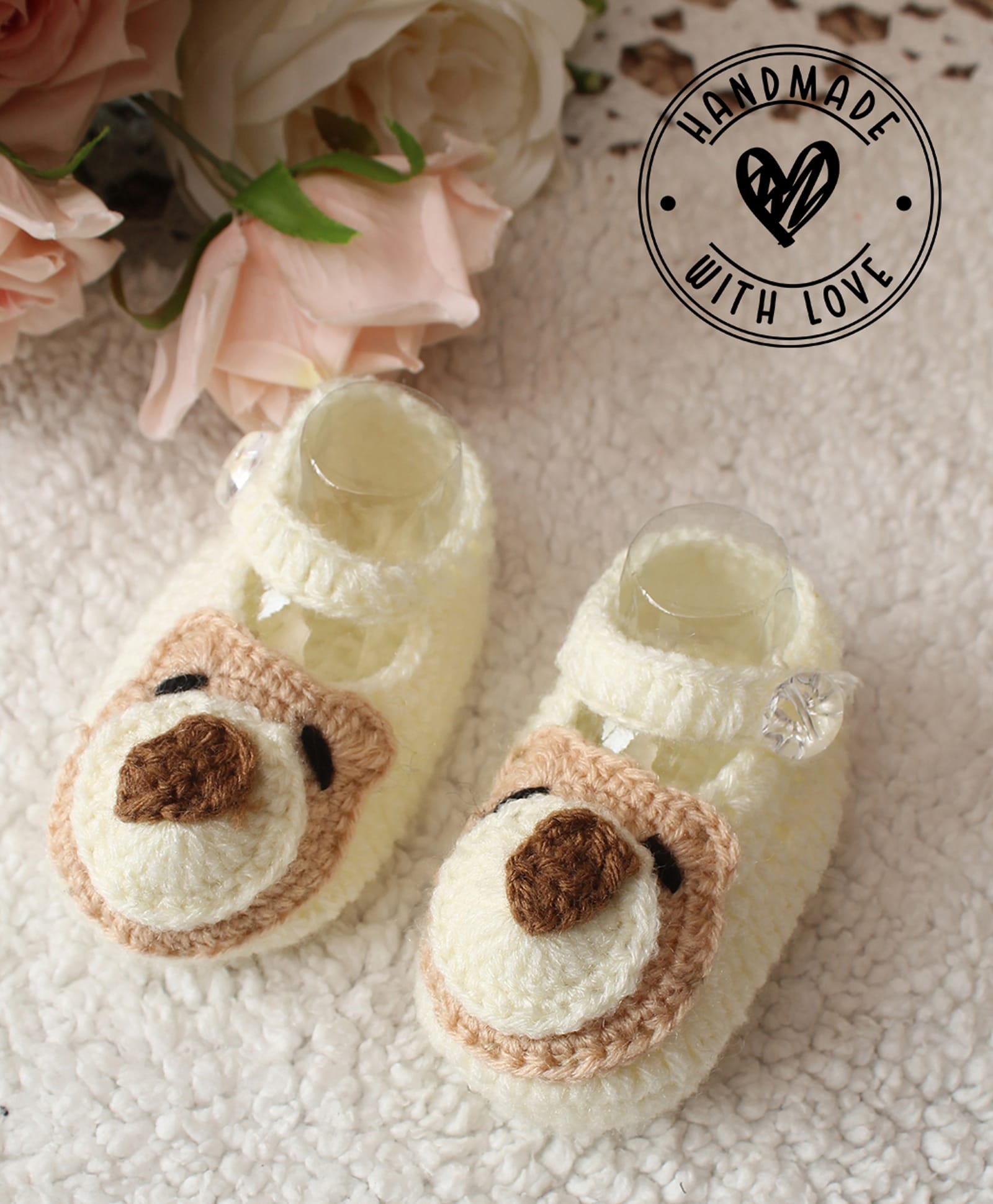 Woonie Hand Knitted Bear Applique Detailed Booties - Cream-image-12