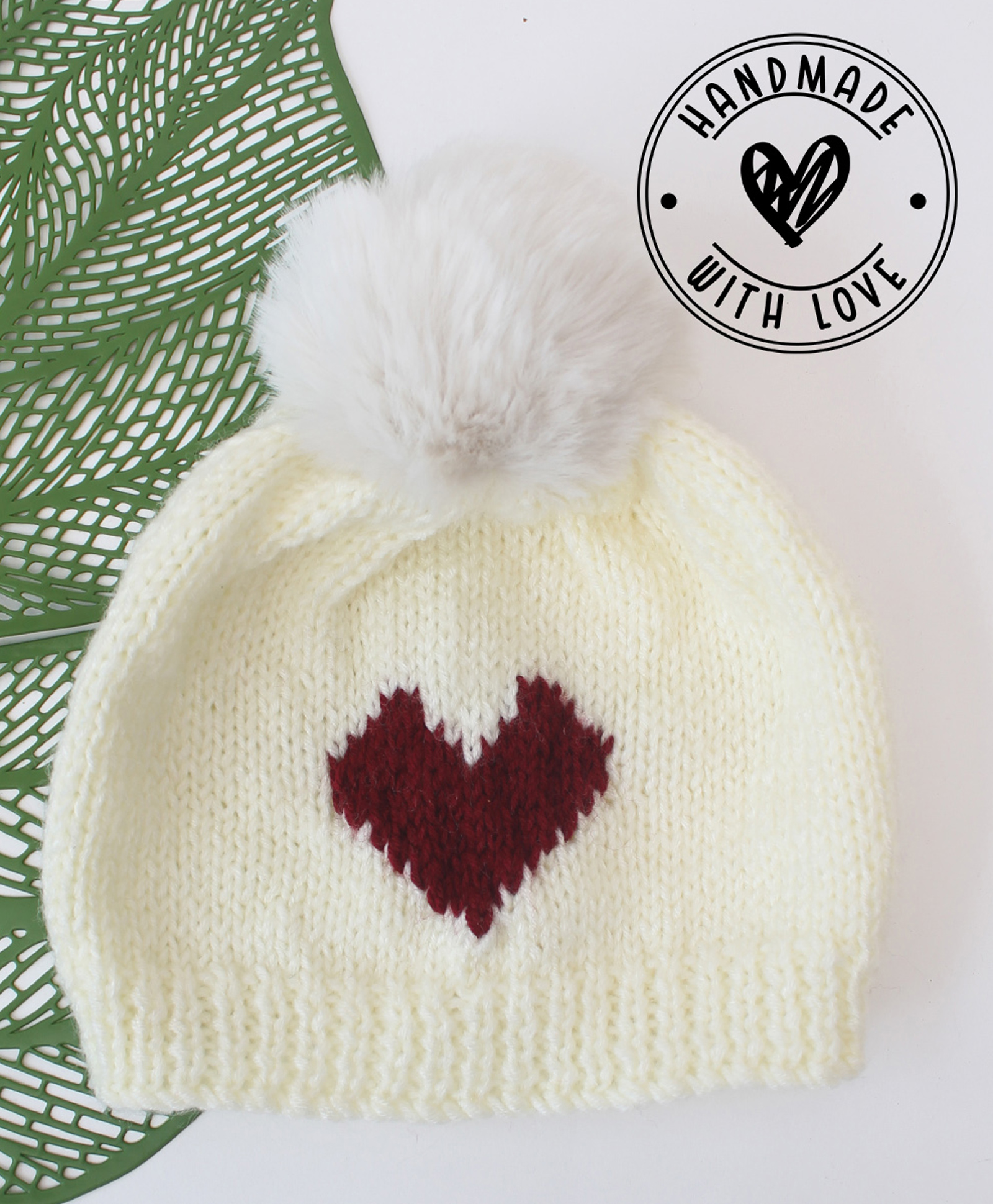 Woonie Hand Knitted Heart Designed Pom Pom Embellished Beanie - Cream - Circumference - 27.5 Cms-picture-10