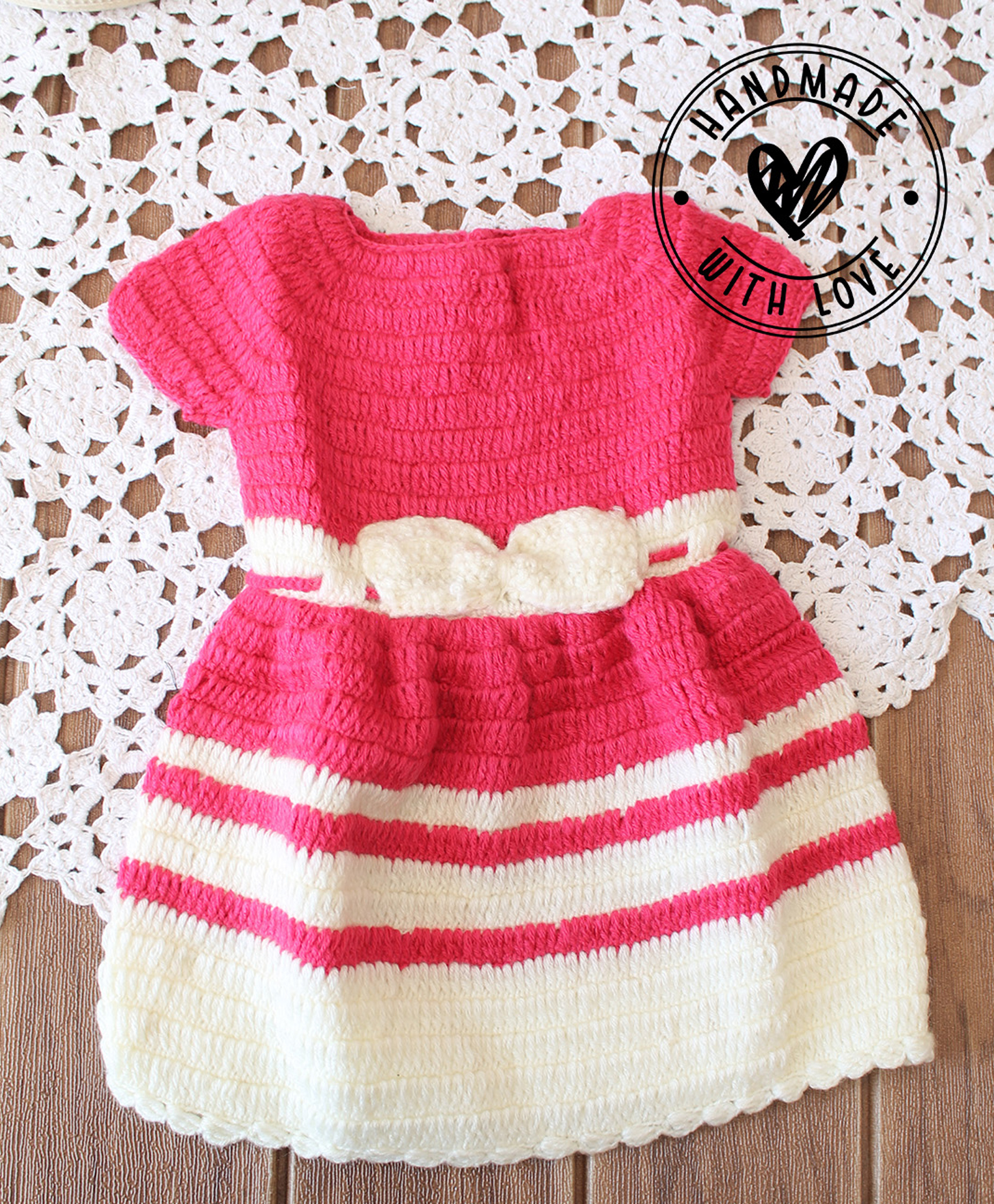 Woonie Hand Knitted Cap Sleeves Bow Applique Detailed Striped Dress - Pink-image-34
