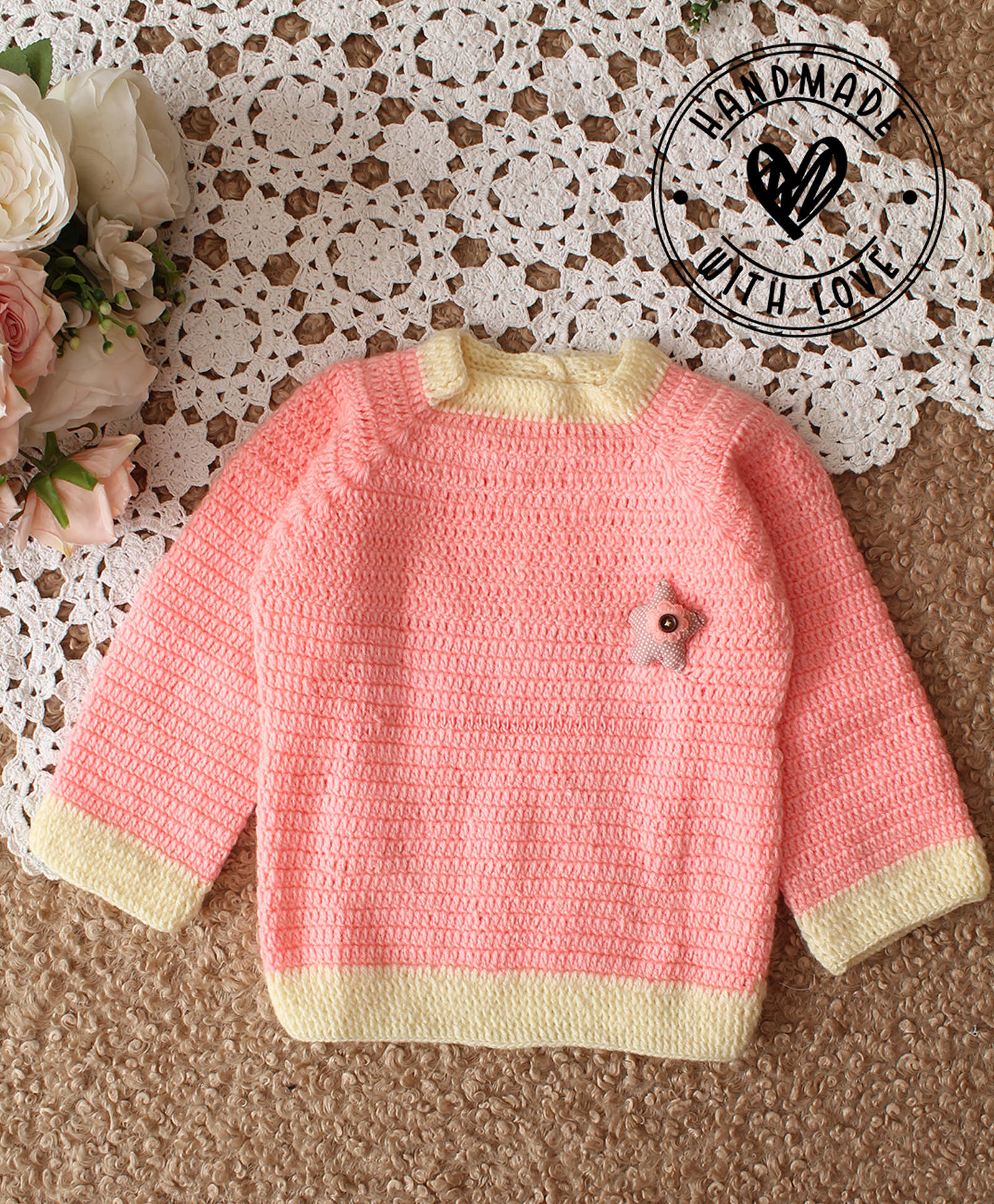 Woonie Hand Knitted Full Sleeves 3D Star Applique Detailed Sweater - Peach-picture-25