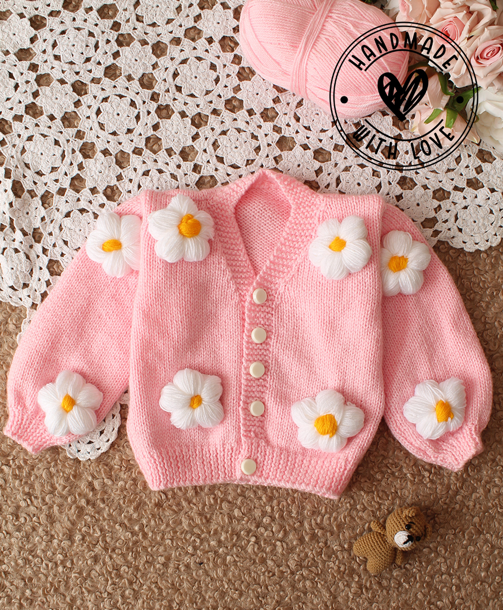 Woonie Hand Knitted Full Sleeves Floral Applique Detailed Cardigan - Pink-image-43