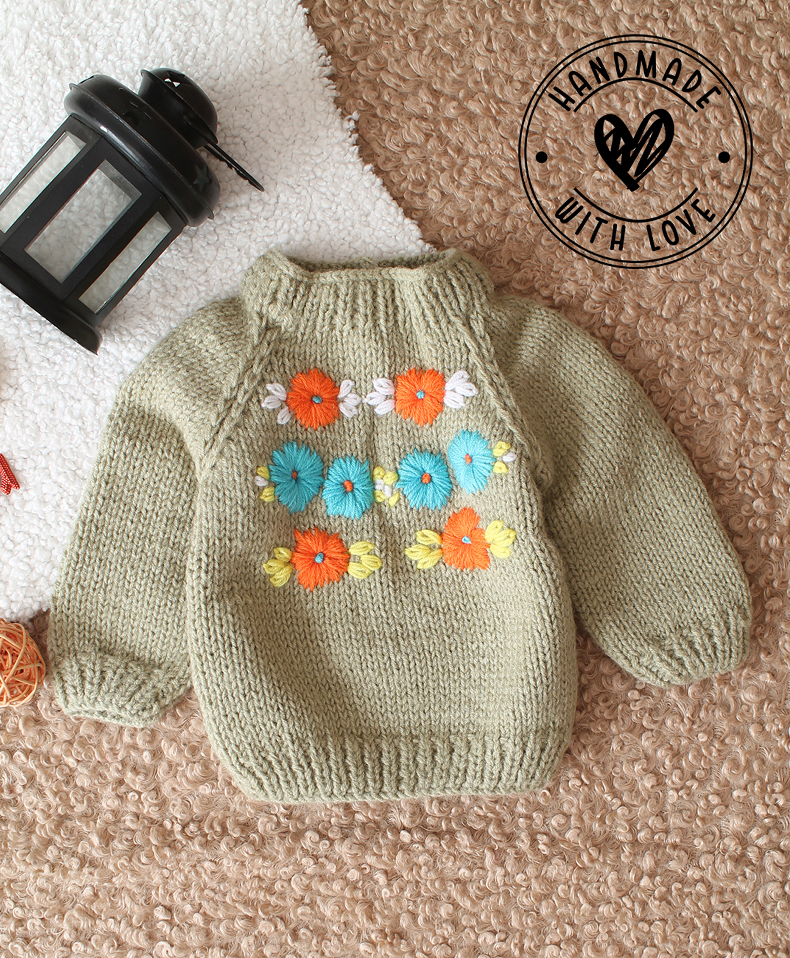 Woonie Hand Knitted Full Sleeves Floral Designed Sweater - Beige-image-22
