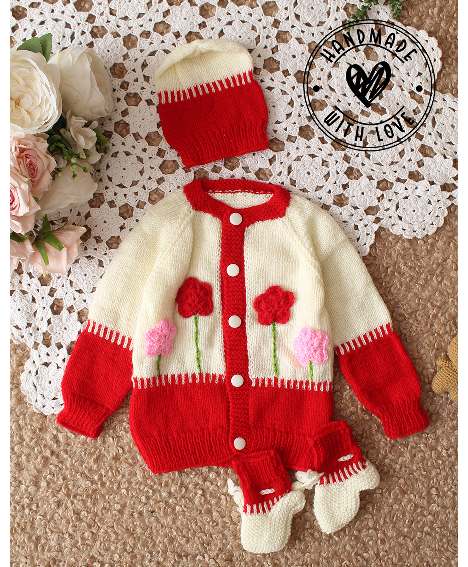 Woonie Hand Knitted Full Sleeves Floral Applique Detailed Cardigan With Cap & Booties - Red-image-44