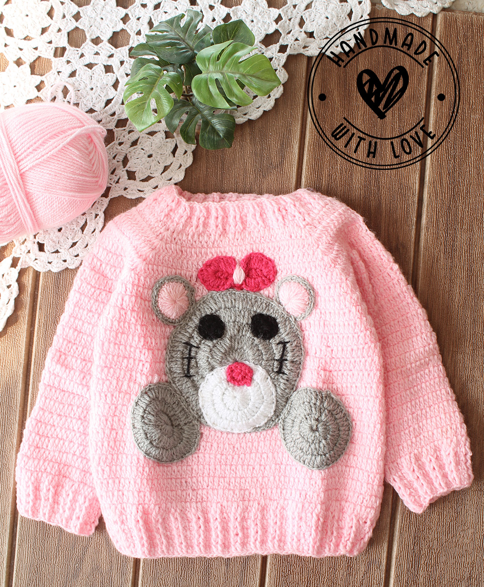 Woonie Hand Knitted Full Sleeves Bear Designed Sweater - Peach-picture-24