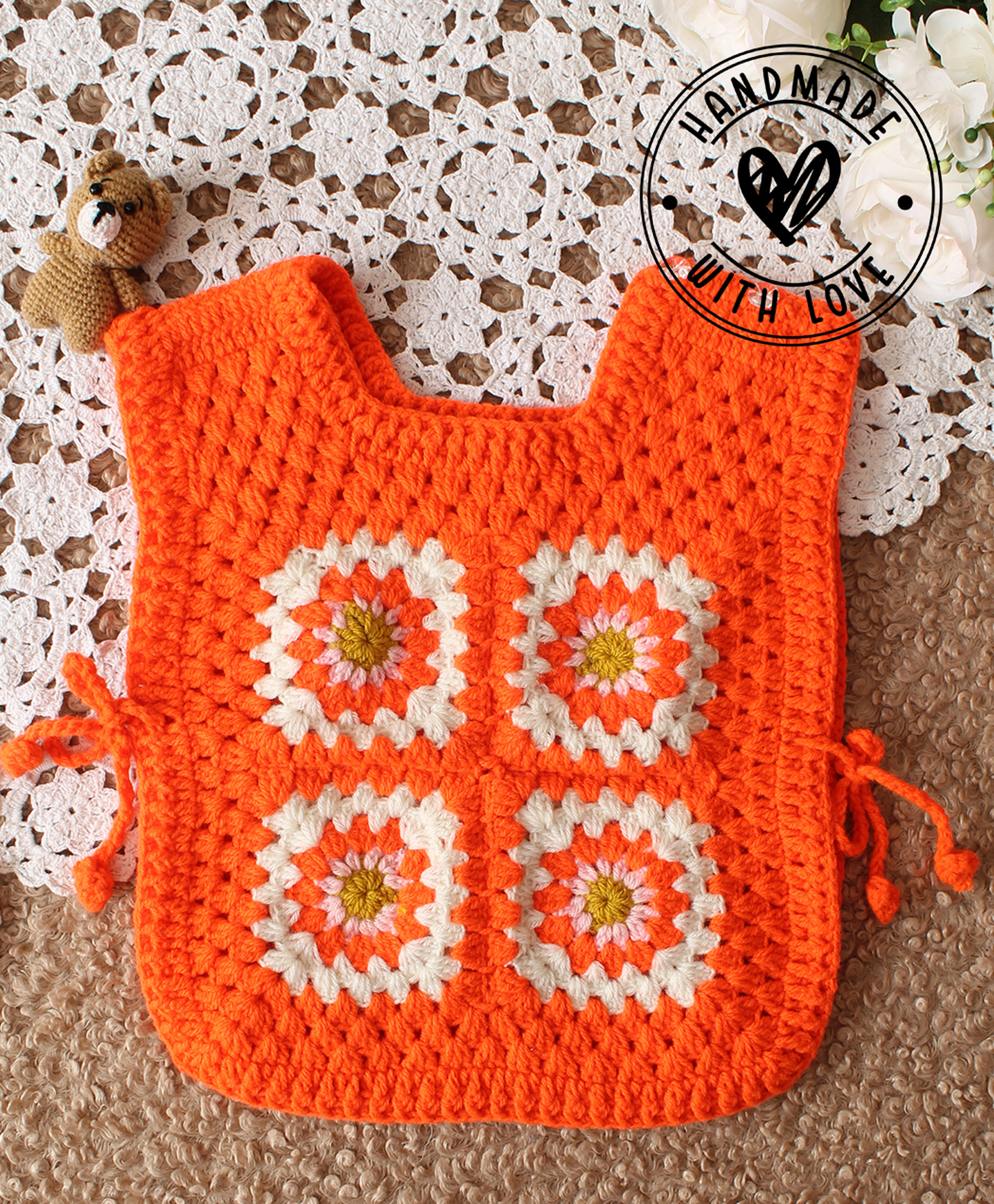 Woonie Hand Knitted Sleeveless Floral Designed Sweater - Orange-picture-38