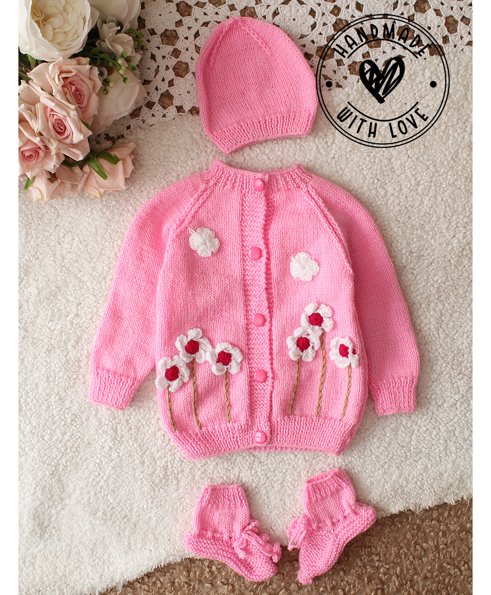 Woonie Hand Knitted Full Sleeves Floral Applique Detailed Sweater With Cap & Socks Set - Pink-picture-18