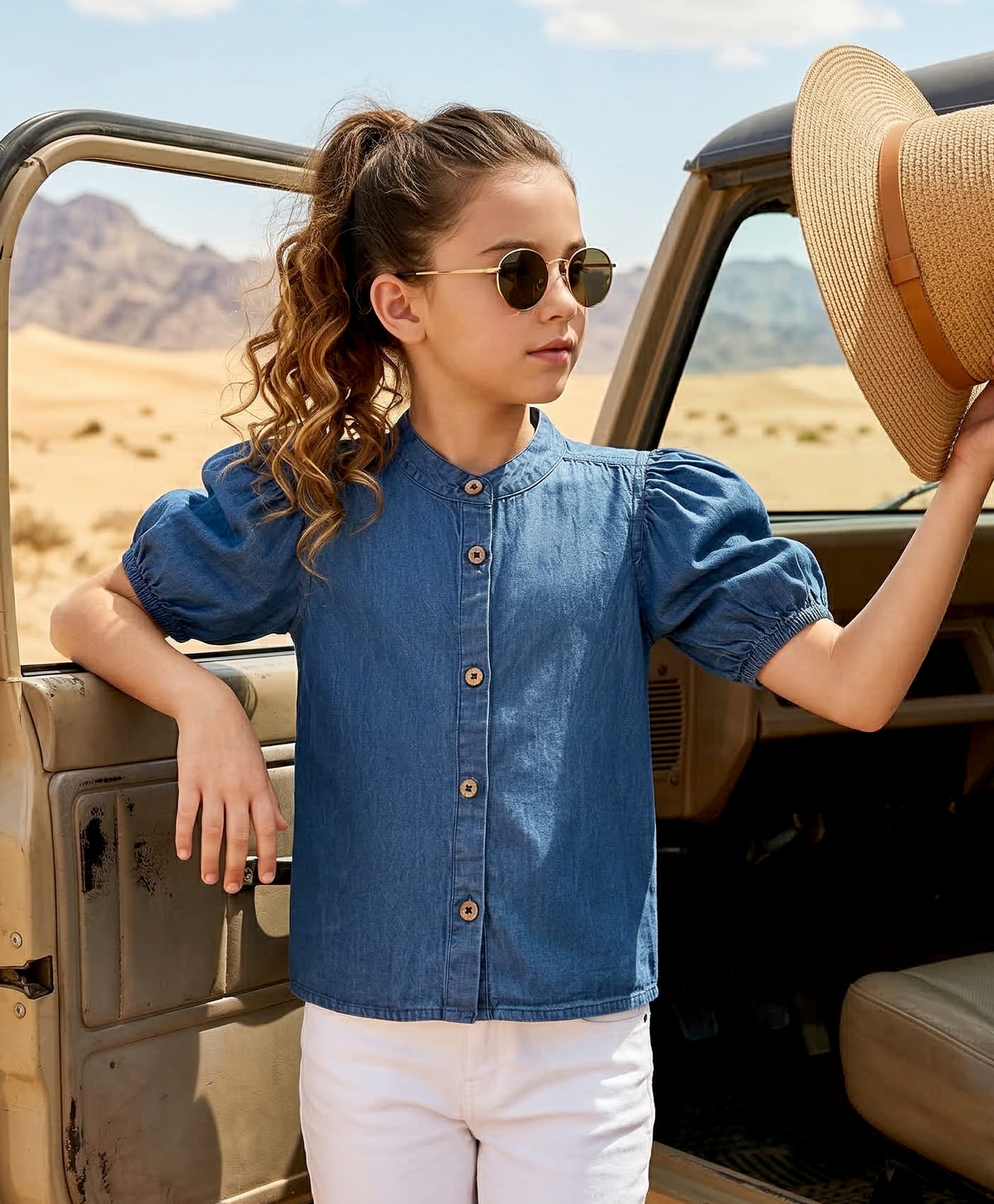 Pine Kids Cotton Woven Half Puffed Sleeves Solid Colour Shirt Style Top - Blue-picture-27
