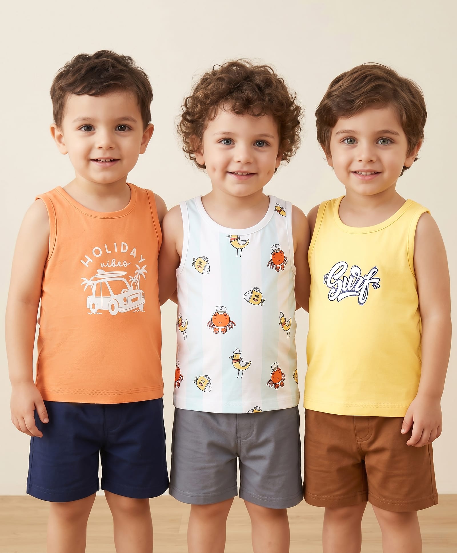 Babyoye Elastane Knit Sleeveless Vest Birds & Crabs Printed Pack of 3 - Light Orange Yellow & White-image-34