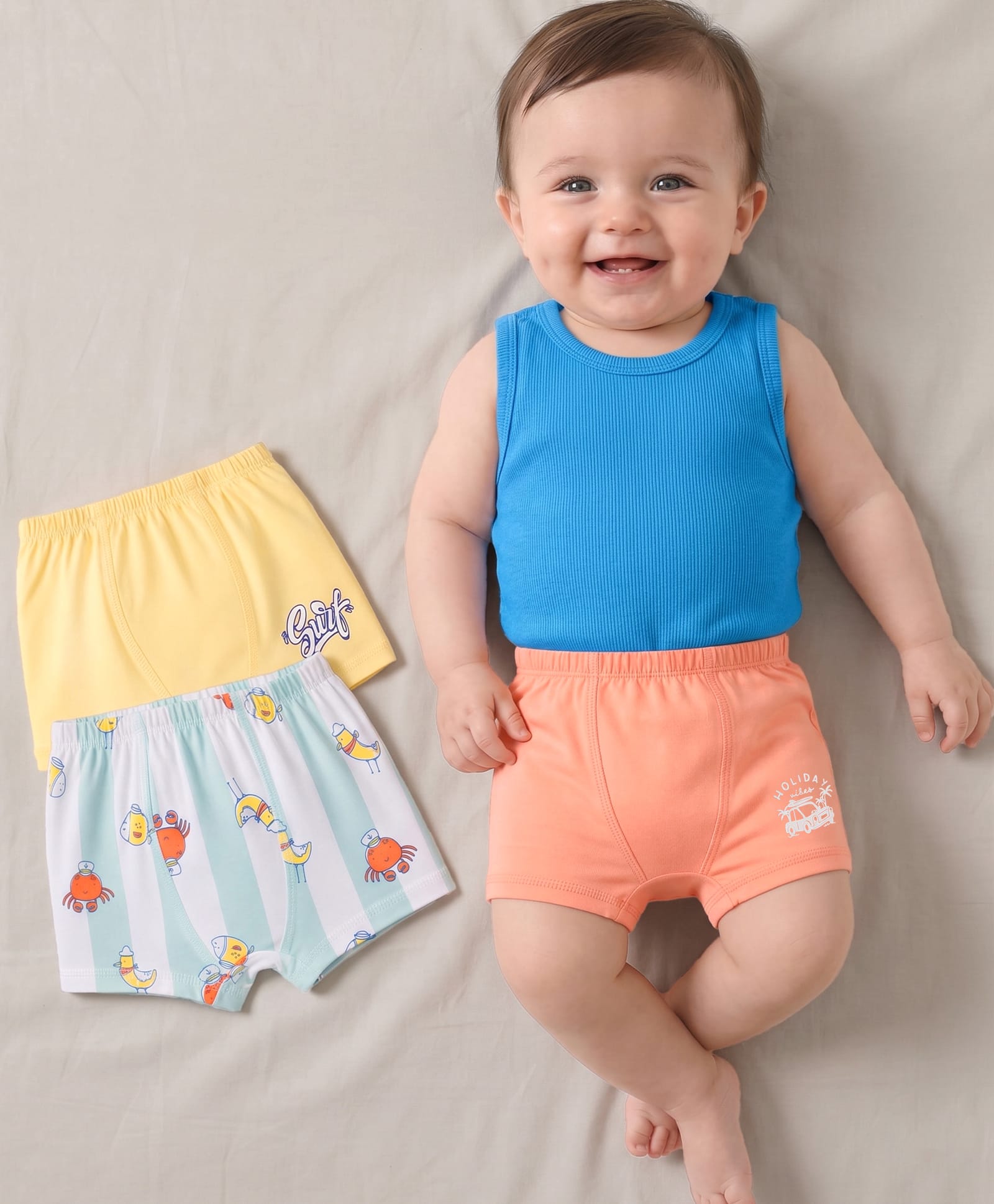 Babyoye Elastane Knit Trunks with Crab & Seagull Print Pack of 3 - Multicolor-image-35