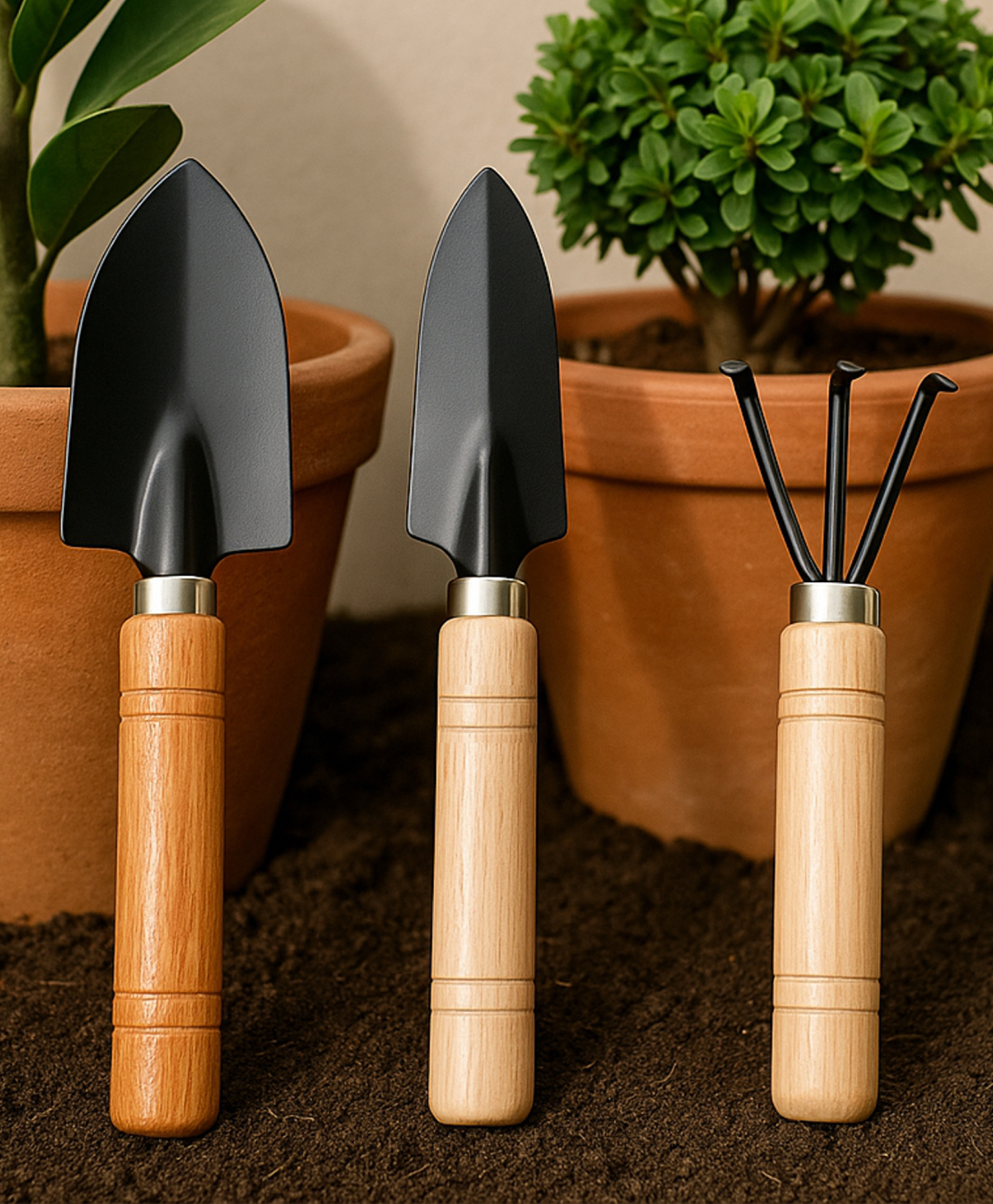 Ecofynd 3 Pcs Gardening Hand Tools Set (Cultivator, Big Trowel, Transplanter with Wooden Handle), Home Garden Durable Plant Tool, Planting, Weeding, Pruning, Soil Maintenance, Farming Essential Kit-picture-27