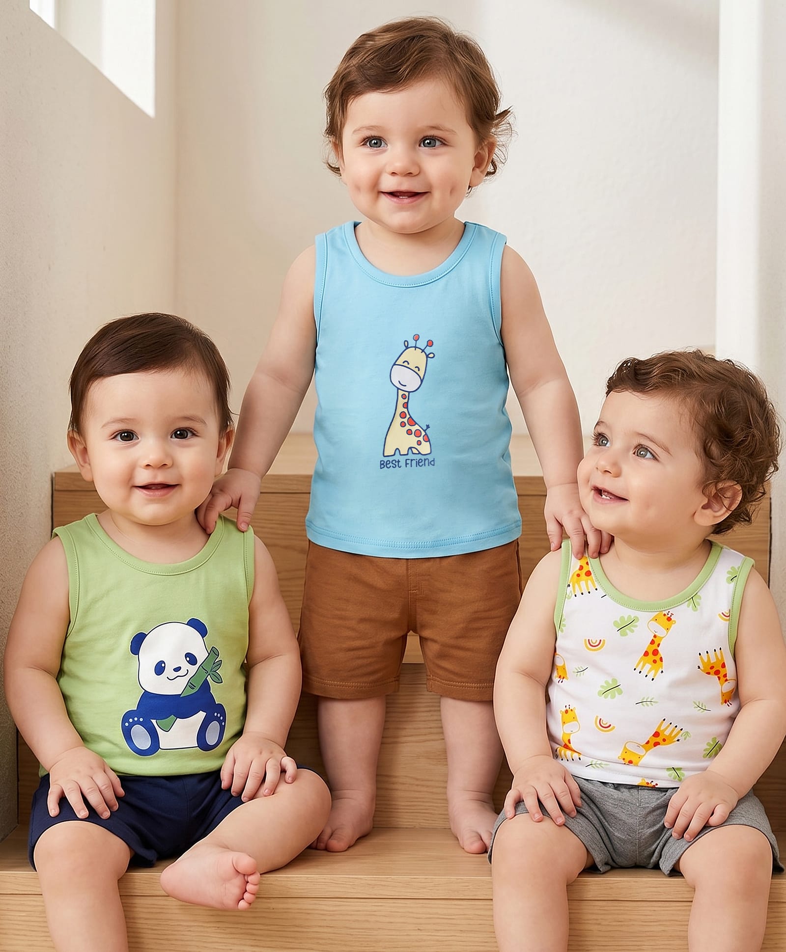Babyoye Elastane Knit Sleeveless Vests with Animal Print Pack of 3 - Multicolor-image-21