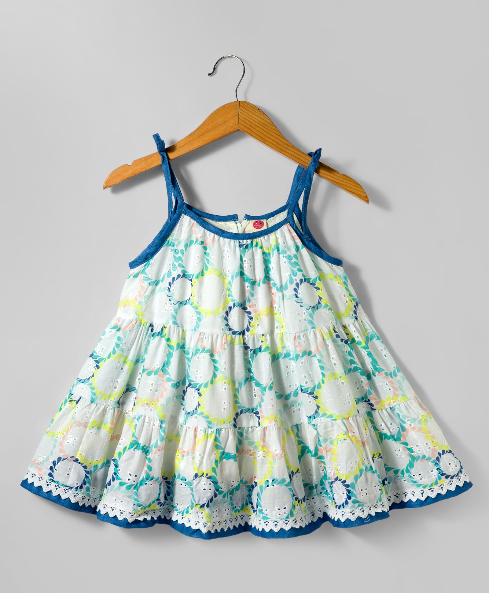 Dew Drops Cotton Woven Sleveless Tiered Frock with Floral Embroidery - Aqua Blue-picture-42