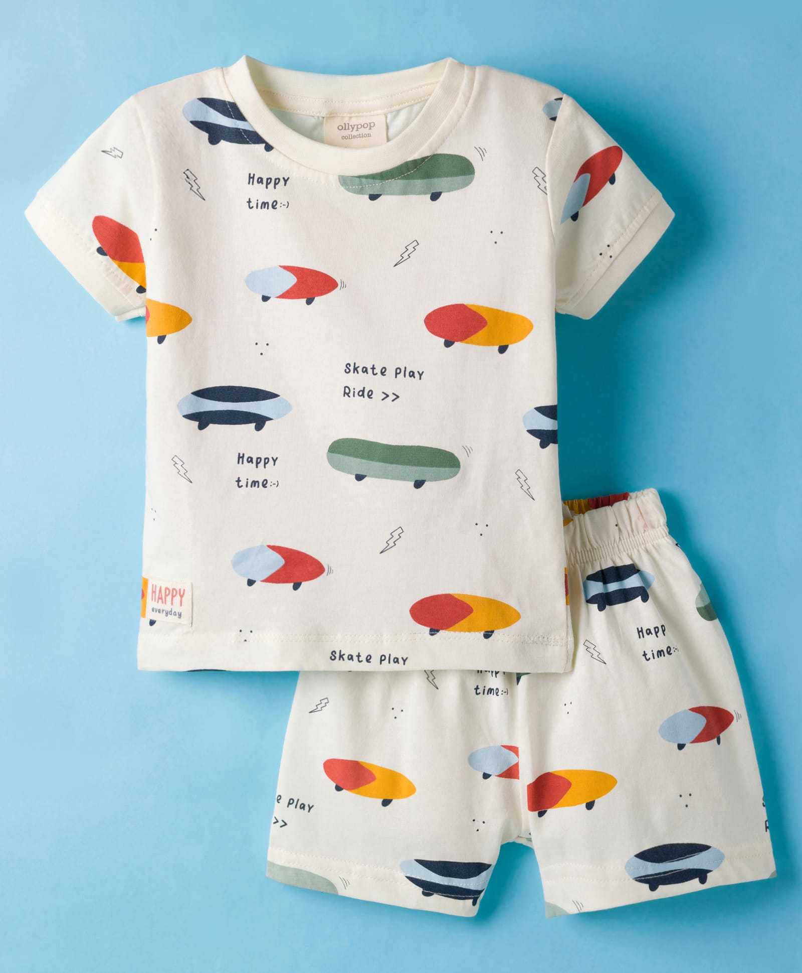 Ollypop Sinker Knit Half Sleeves Shorts Co-ord Night Suit With Skateboarding Print - Cream & Green-picture-38