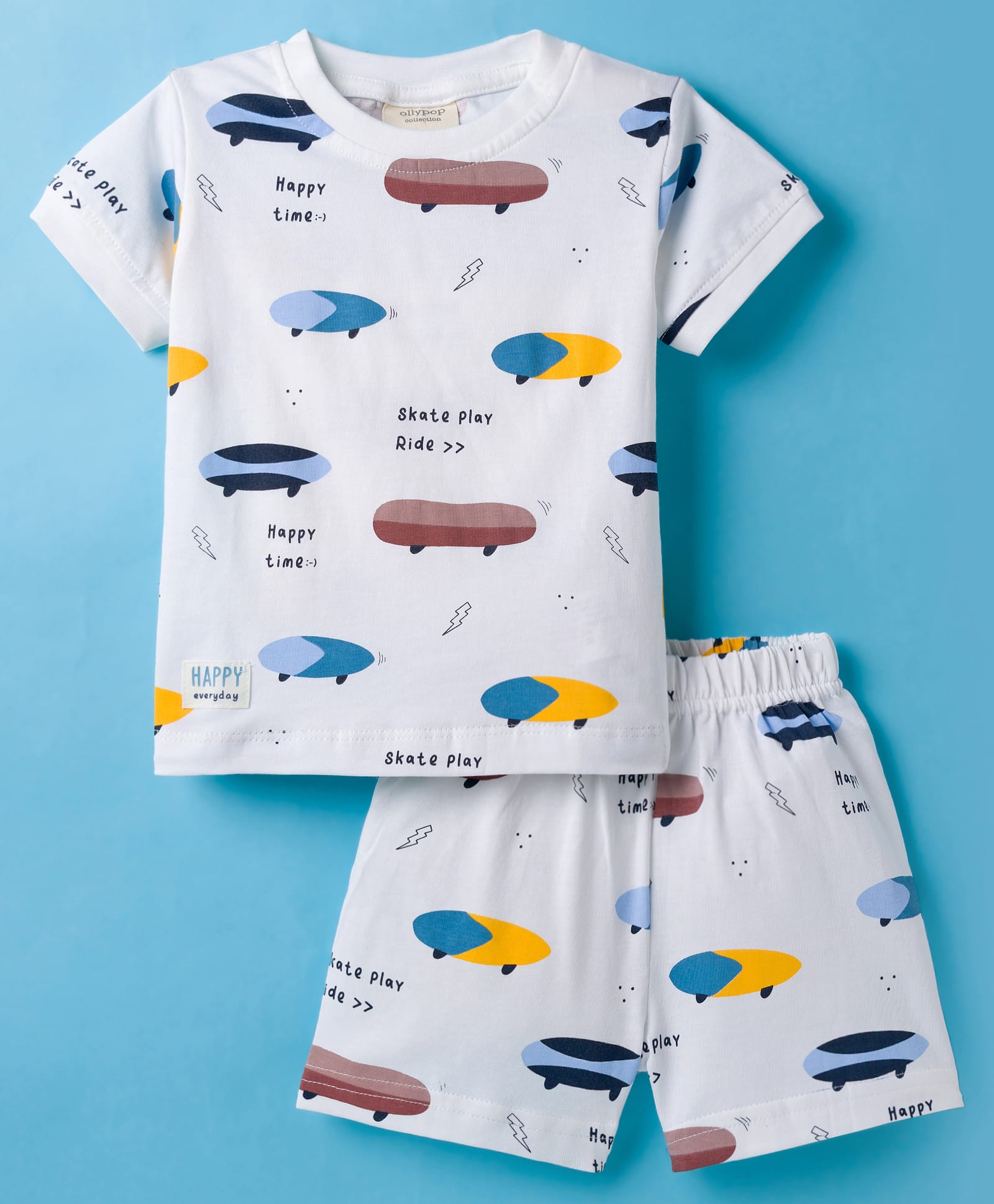 Ollypop Sinker Knit Half Sleeves Shorts Co-ord Night Suit With Skateboarding Print - White & Red-image-29