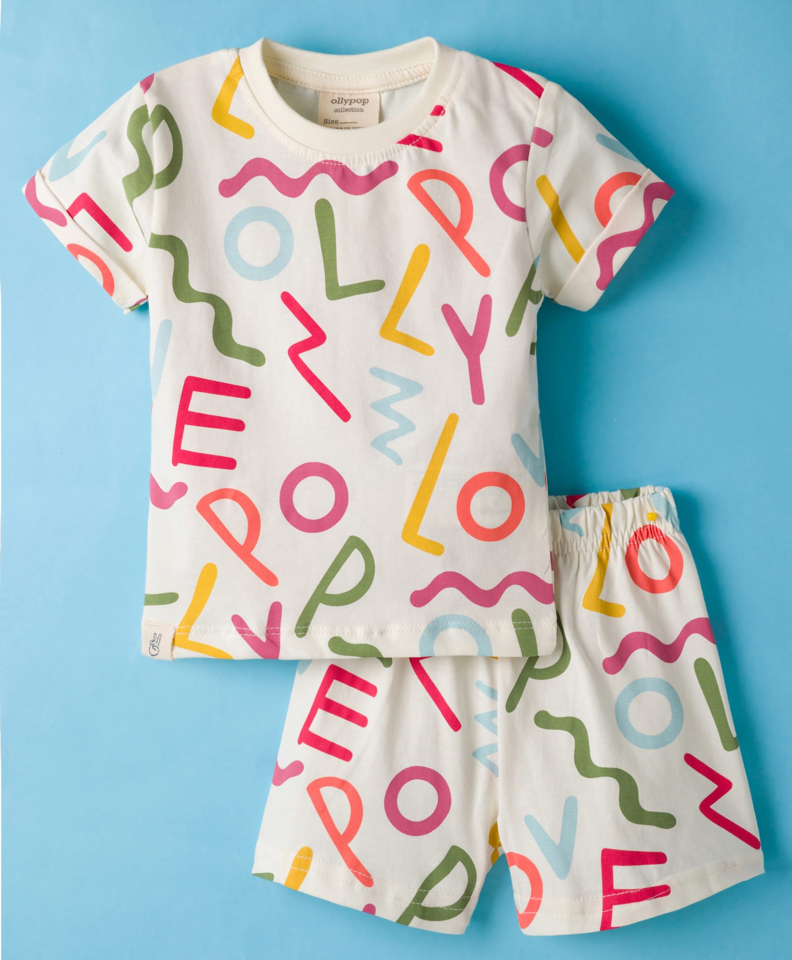 Ollypop Sinker Knit Half Sleeves Shorts Co-ord Night Suit With Text Print - Cream & Green-image-38