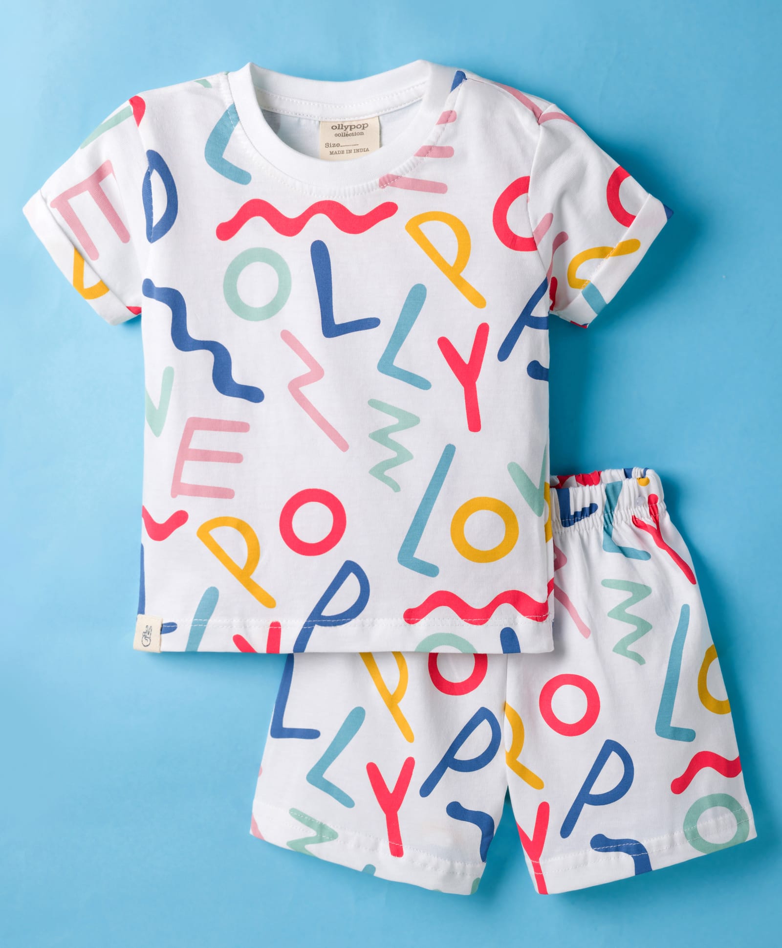 Ollypop Sinker Knit Half Sleeves Shorts Co-ord Night Suit With Text Print - White & Blue-picture-0