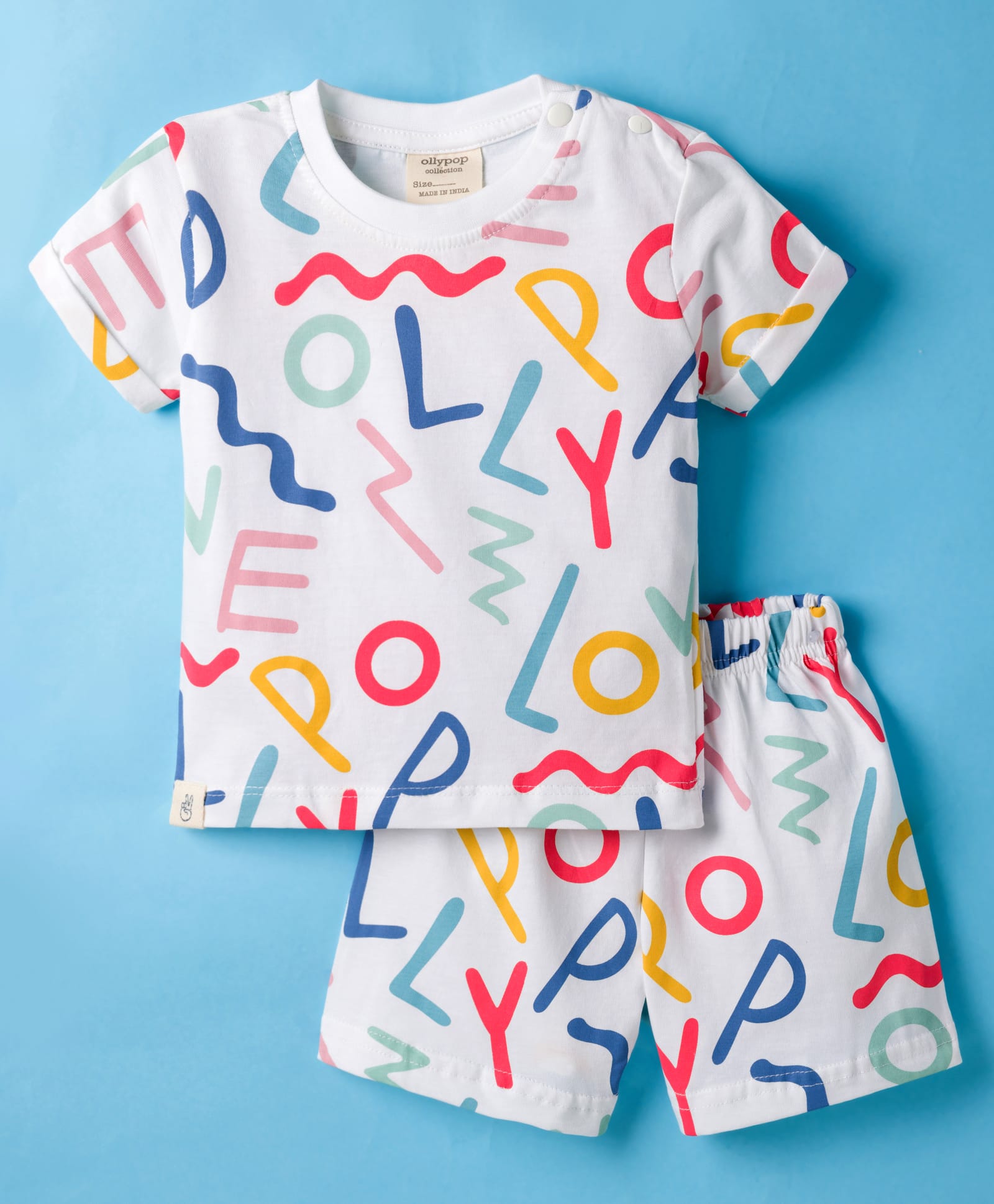 Ollypop Sinker Knit Half Sleeves Shorts Co-ord Night Suit With Text Print - White & Blue-picture-38