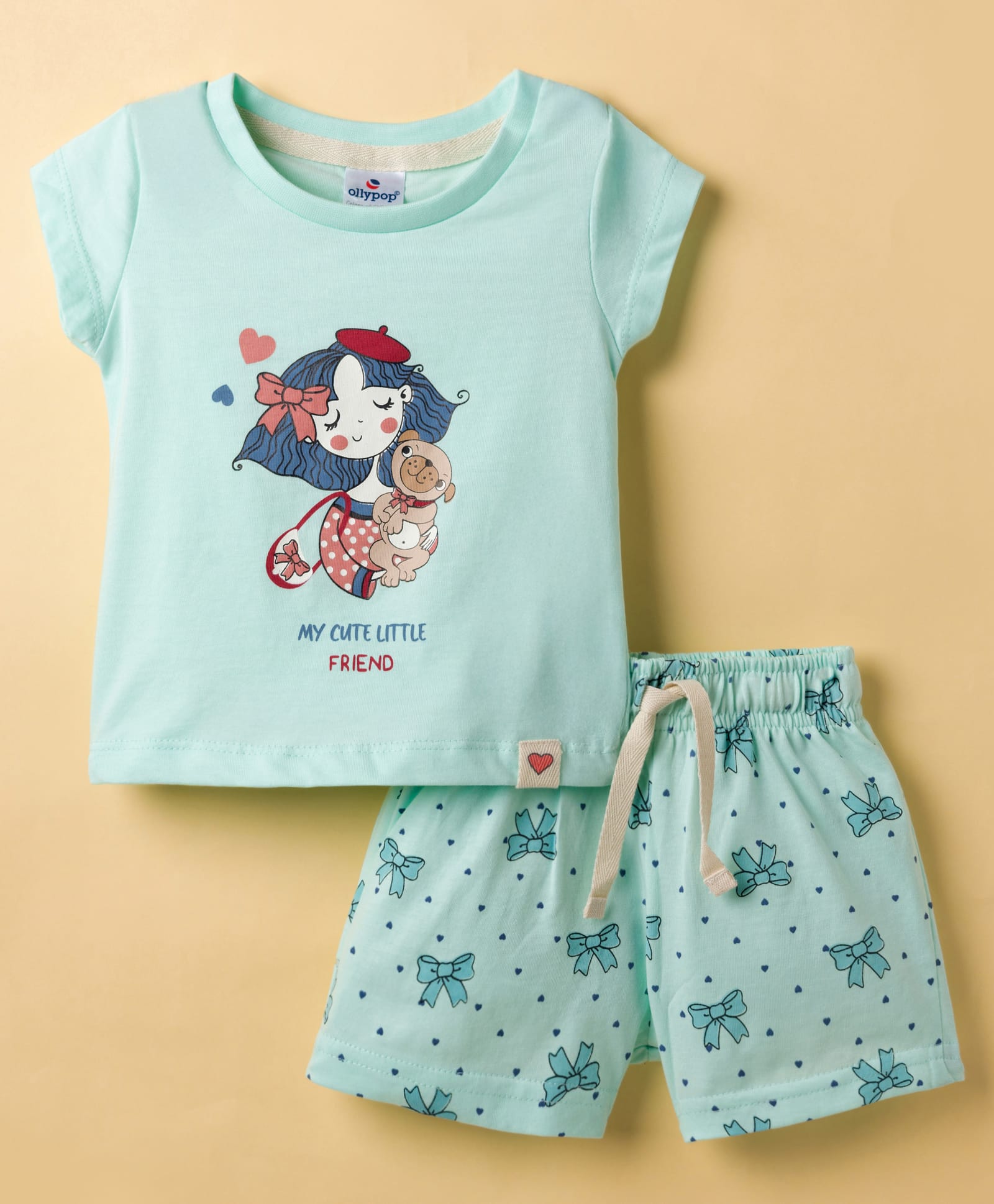 Ollypop Sinker Knit Half Sleeves Shorts Night Suit With Dog & Heart Print - Light Blue-image-18