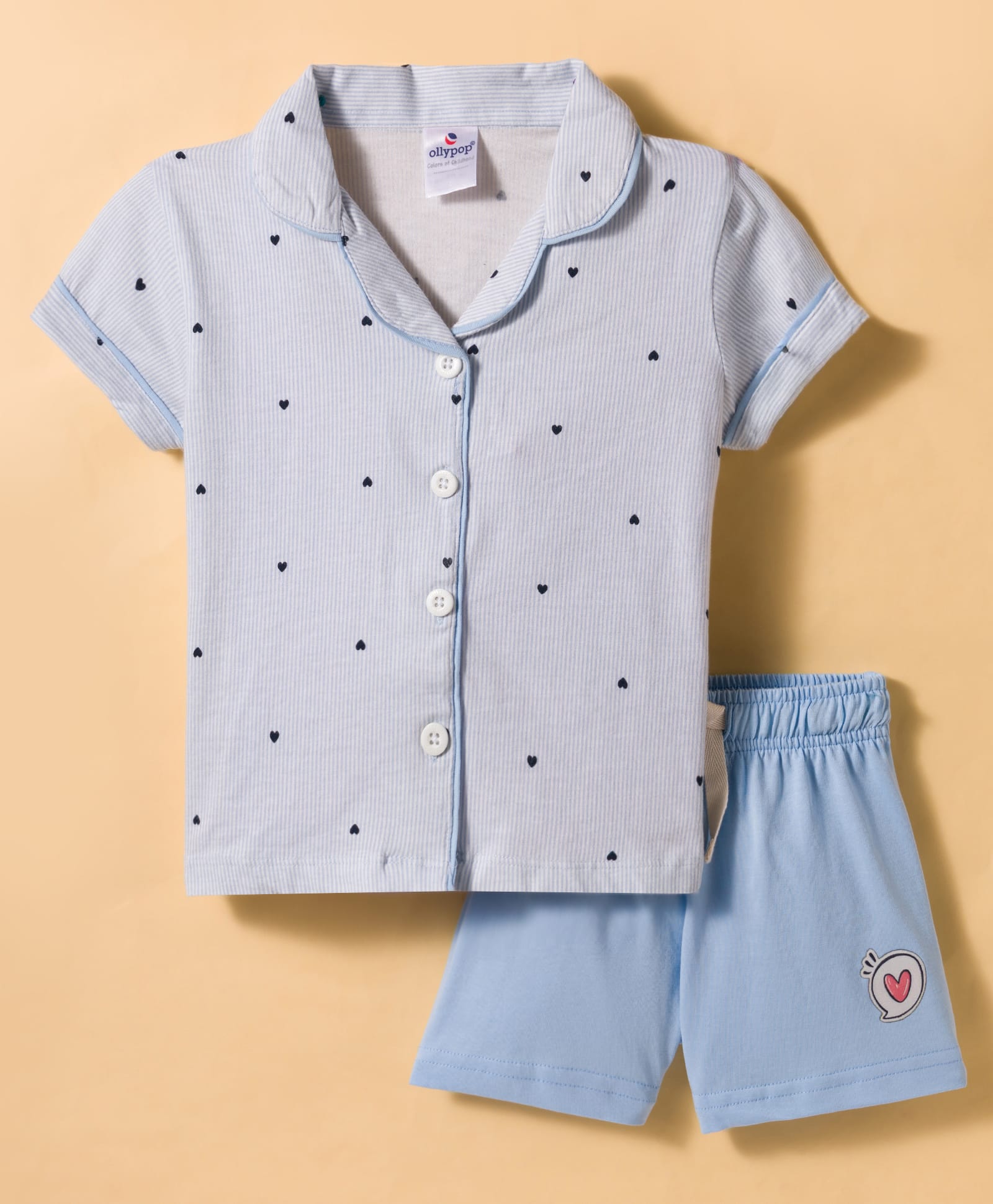 Ollypop Sinker Knit Half Sleeves Shorts Night Suit With Heart Print - Light Blue-picture-6