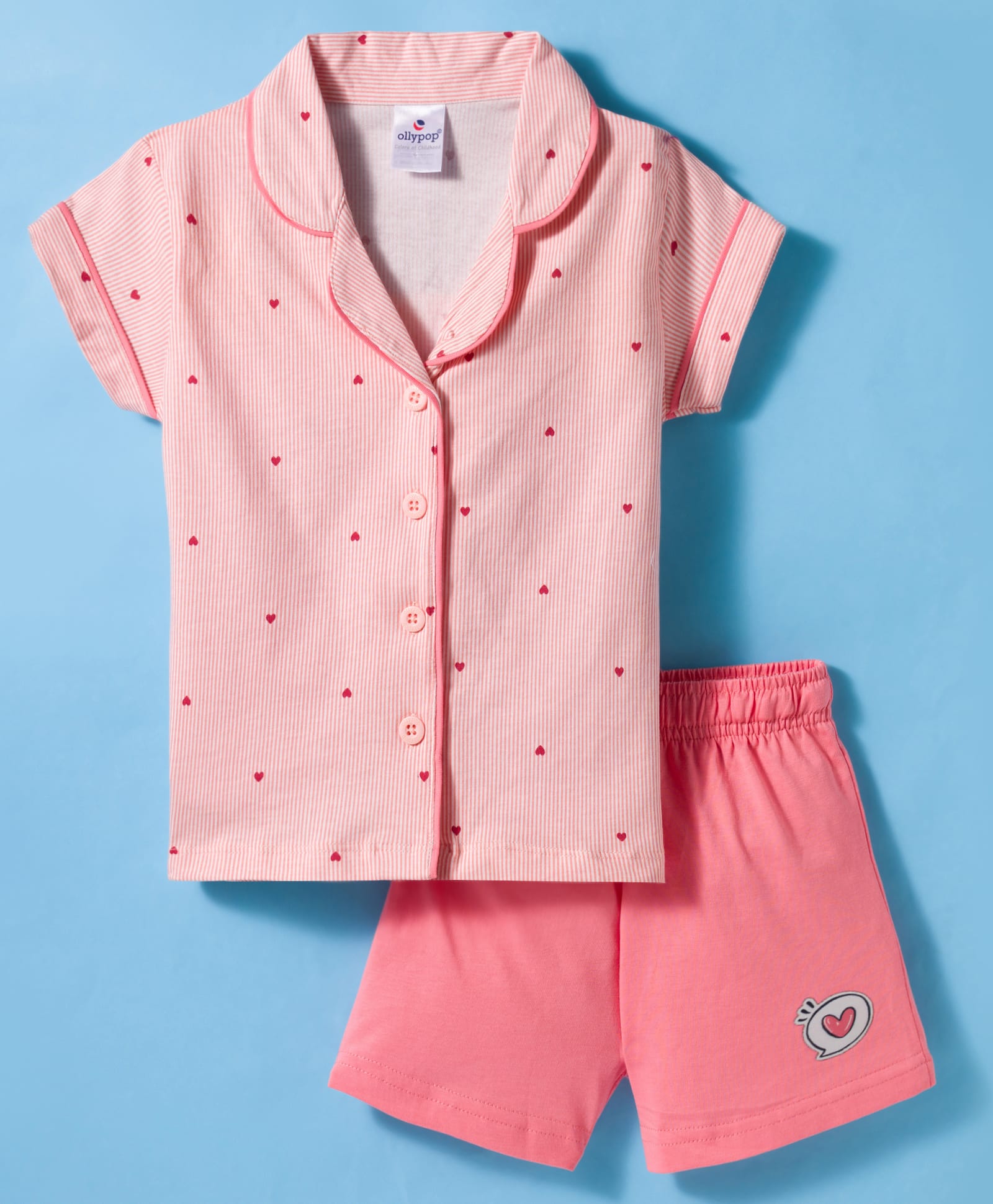 Ollypop Sinker Knit Half Sleeves Shorts Night Suit With Heart Print - Peach-picture-6