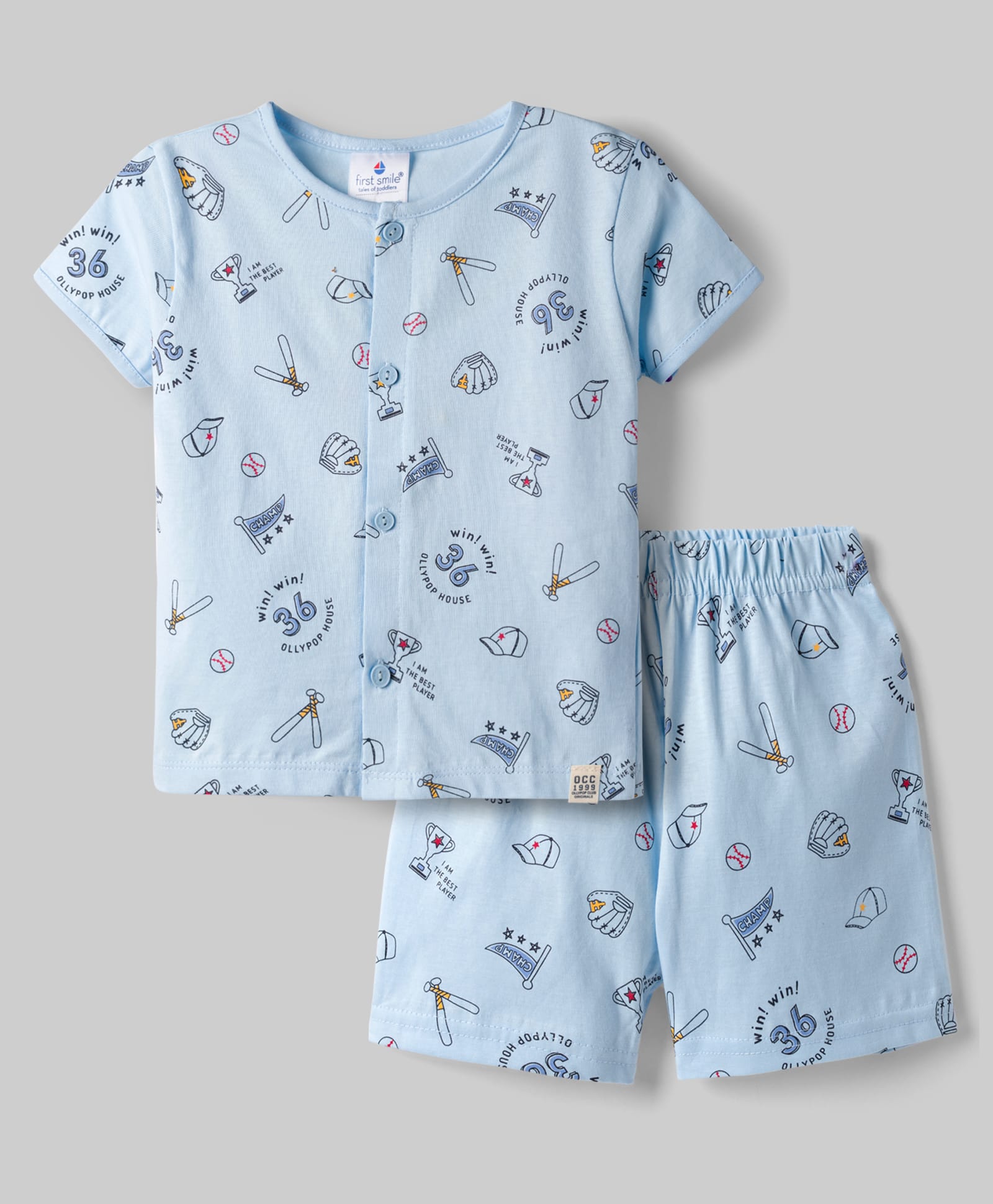 Ollypop Sinker Knit Half Sleeves Shorts Co-ord Night Suit With Sports Print - Light Blue-picture-19