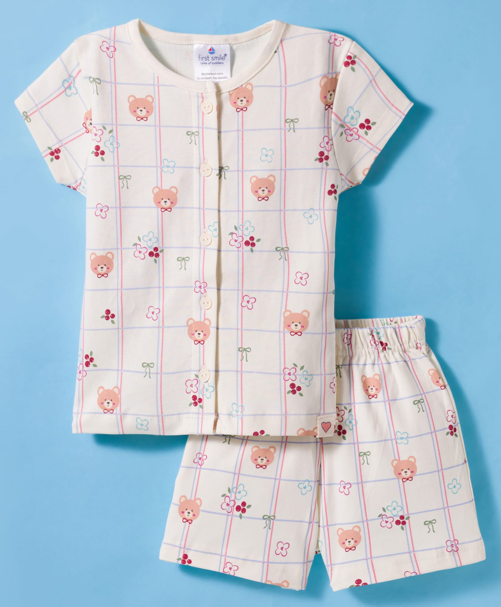 First Smile Interlock Knit Half Sleeves Shorts Co-ord Night Suit With Teddy Bear & Floral Print - Cream & Green-picture-27