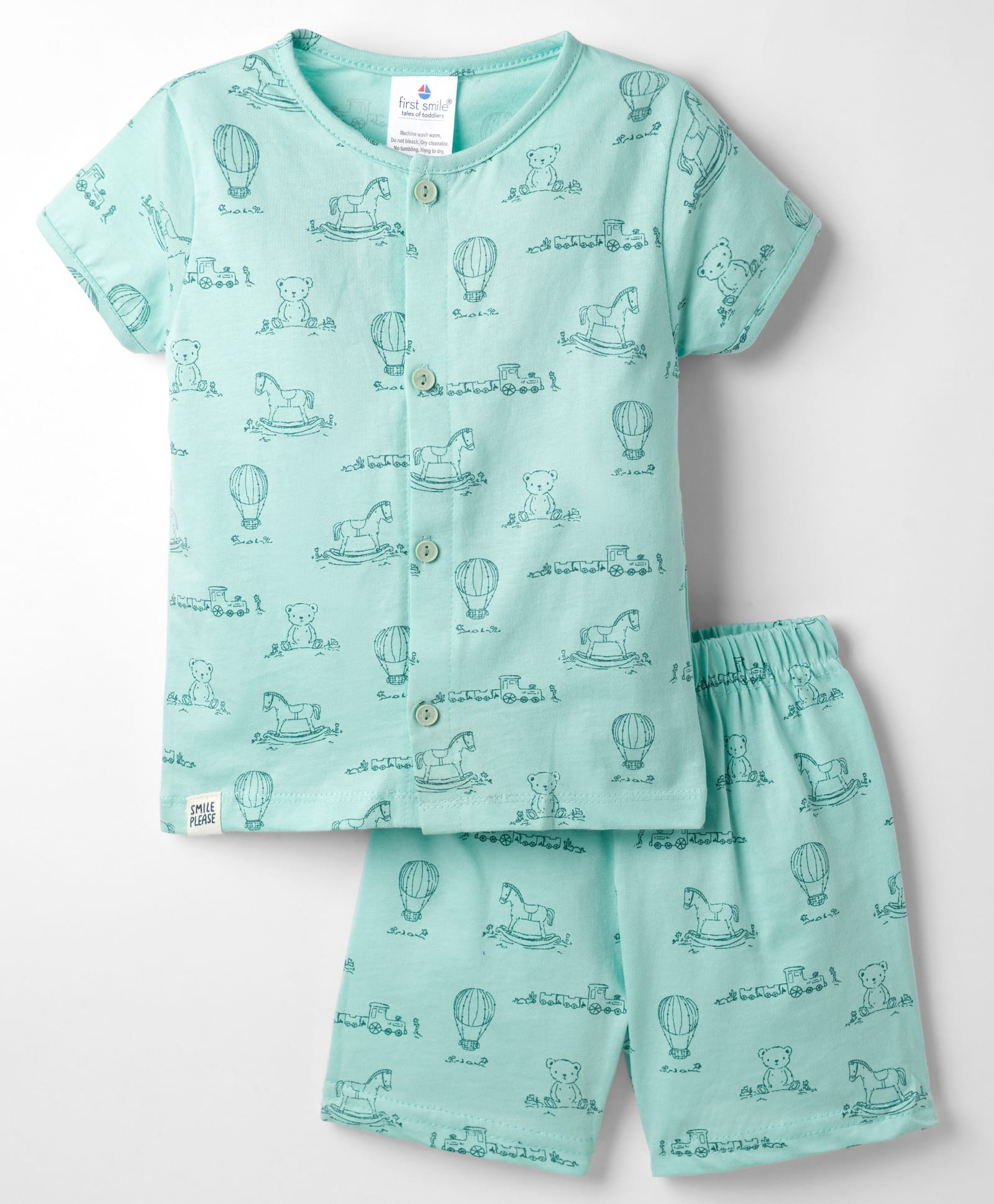 First Smile Sinker Knit Half Sleeves Shorts Co-ord Night Suit With Toys Print - Sea Green-picture-19