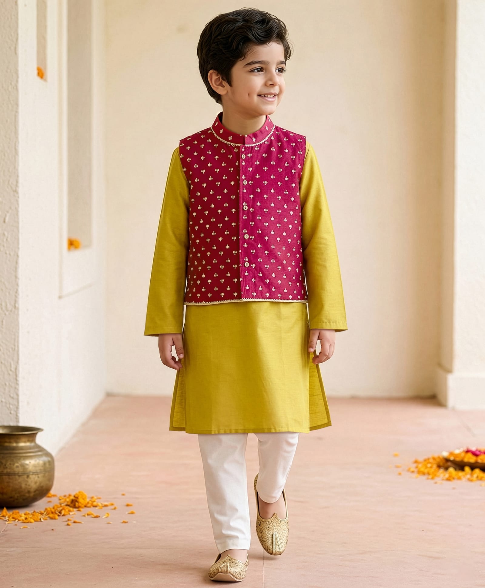EARTHY TOUCH Cotton Woven Full Sleeves Kurta Pyjama Set With Floral Printed Nehru Jacket - Burgandy & Yellow-image-35